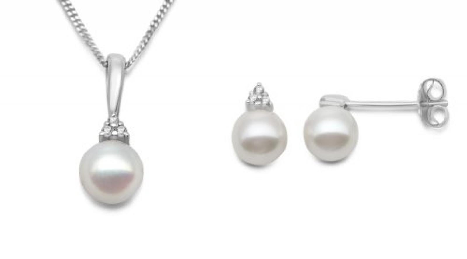 Miore Damen-Set: Halskette + Ohrringe S&uuml;&szlig;wasser-Zuchtperlen und Diamant 9 Karat 375 Wei&szlig;gold MSET006 