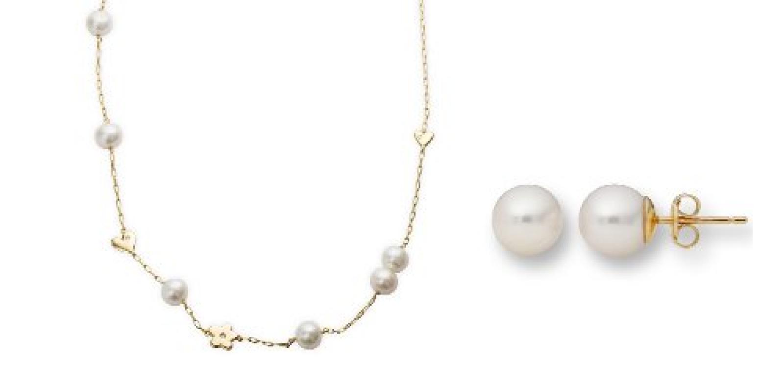 Miore Damen-Set: Halskette + Ohrringe Süßwasser-Zuchtperlen und Diamant 18 Karat (750) Gelbgold MSET004 