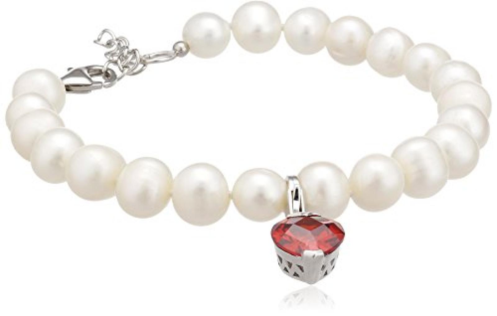 ZEEme Damen-Armband aus S&uuml;&szlig;wasserzuchtperlen und Anh&auml;nger Herz Zirkonia rot 500260062-19 