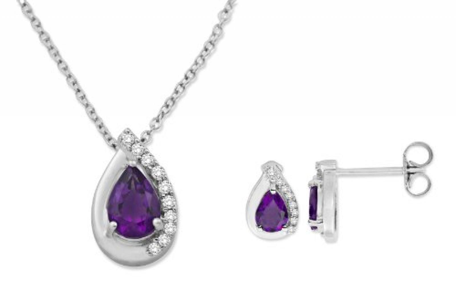 MIORE Damen-SchmuckSet Ohrringe und Anh&auml;nger 9 Karat (375) Wei&szlig;gold Tropfen Amethyst und Diamant USP028W 