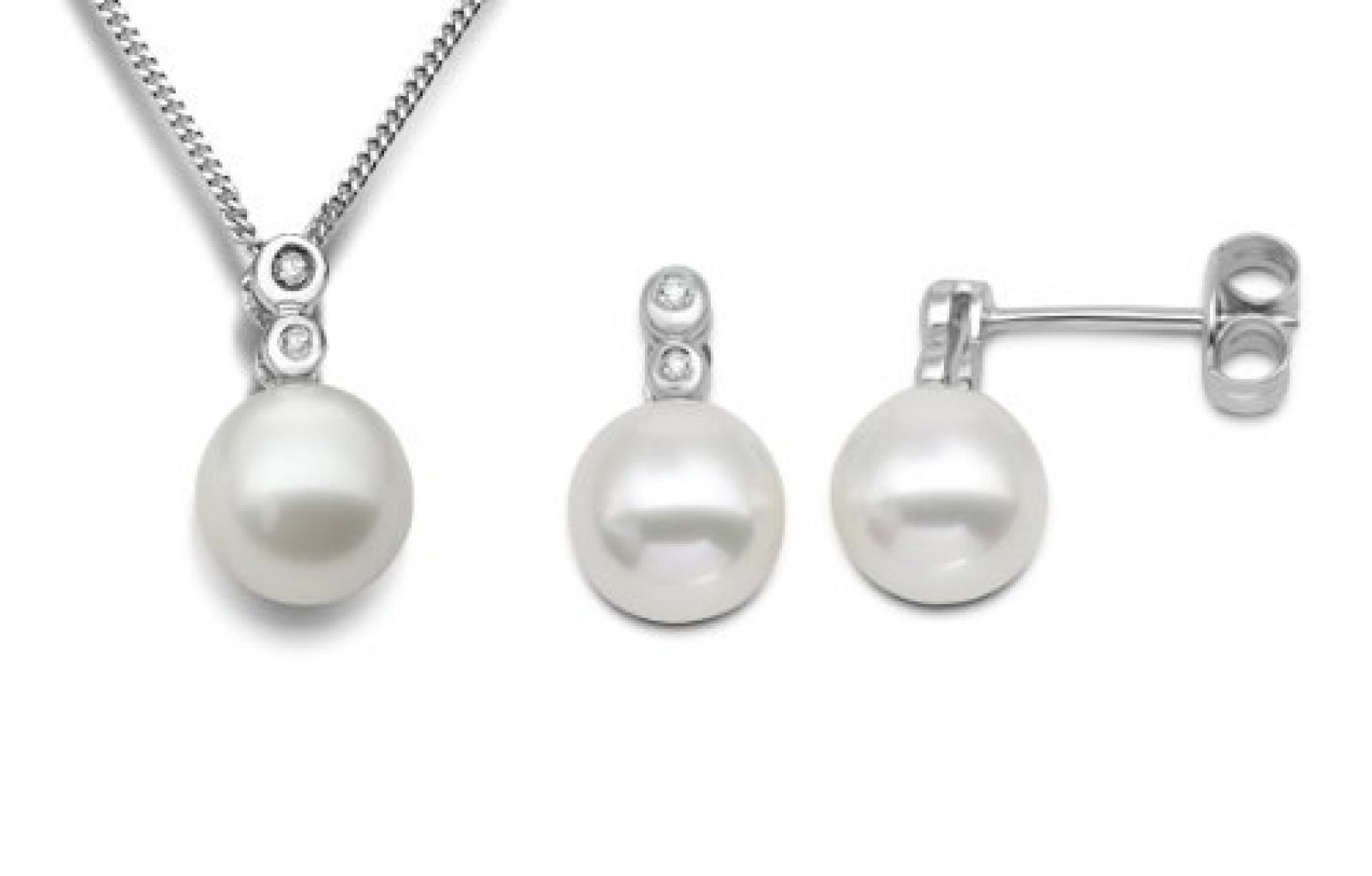 Miore Damen-Set: Halskette + Ohrringe Süßwasser-Zuchtperlen und Diamant 9 Karat 375 Weißgold MSET023 