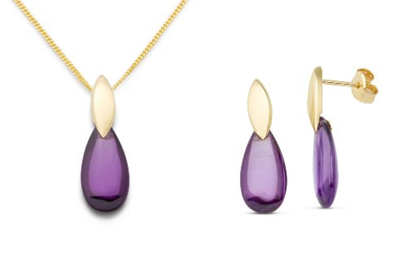 Miore Damen-Schmuck-Set: Halskette + Ohrringe Zirkonia Amethyst Tropfen 375 Gelbgold MSET010 