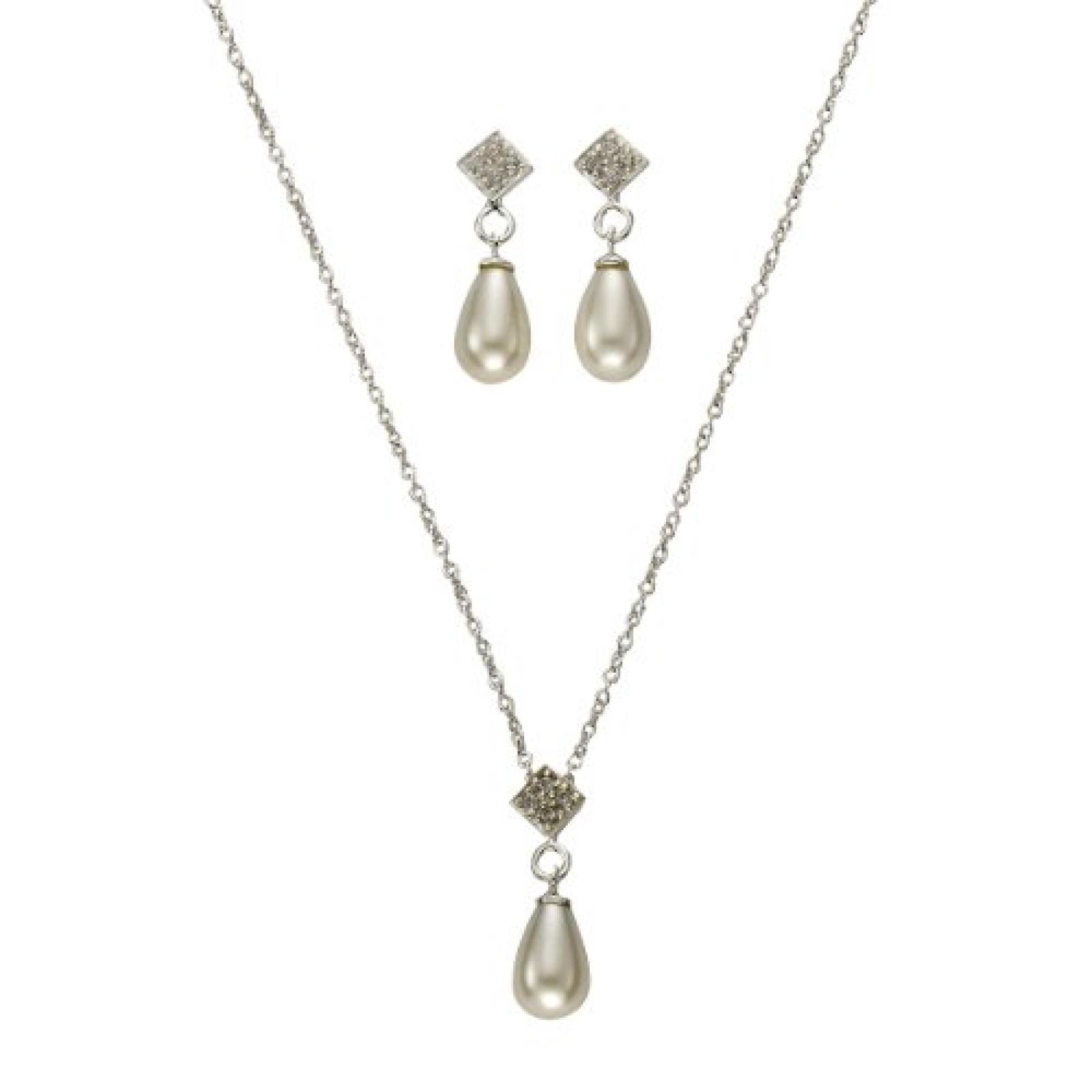 ZEEme Damen-Set: Halskette + Ohrringe Silber weiß 2-teilig Süßwasserzuchtperle Zirkonia 301200076-1 