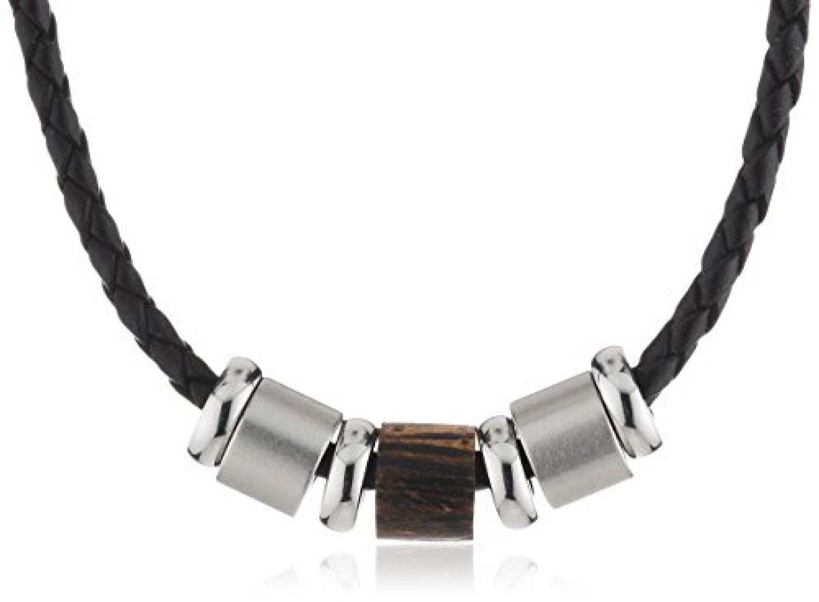 Zeeme Stainless Steel Unisex-Kette mit Anh&auml;nger Edelstahl geflochtenes Leder schwarz Ringe Holz/Stahl L&auml;nge 45cm 060050013-45 