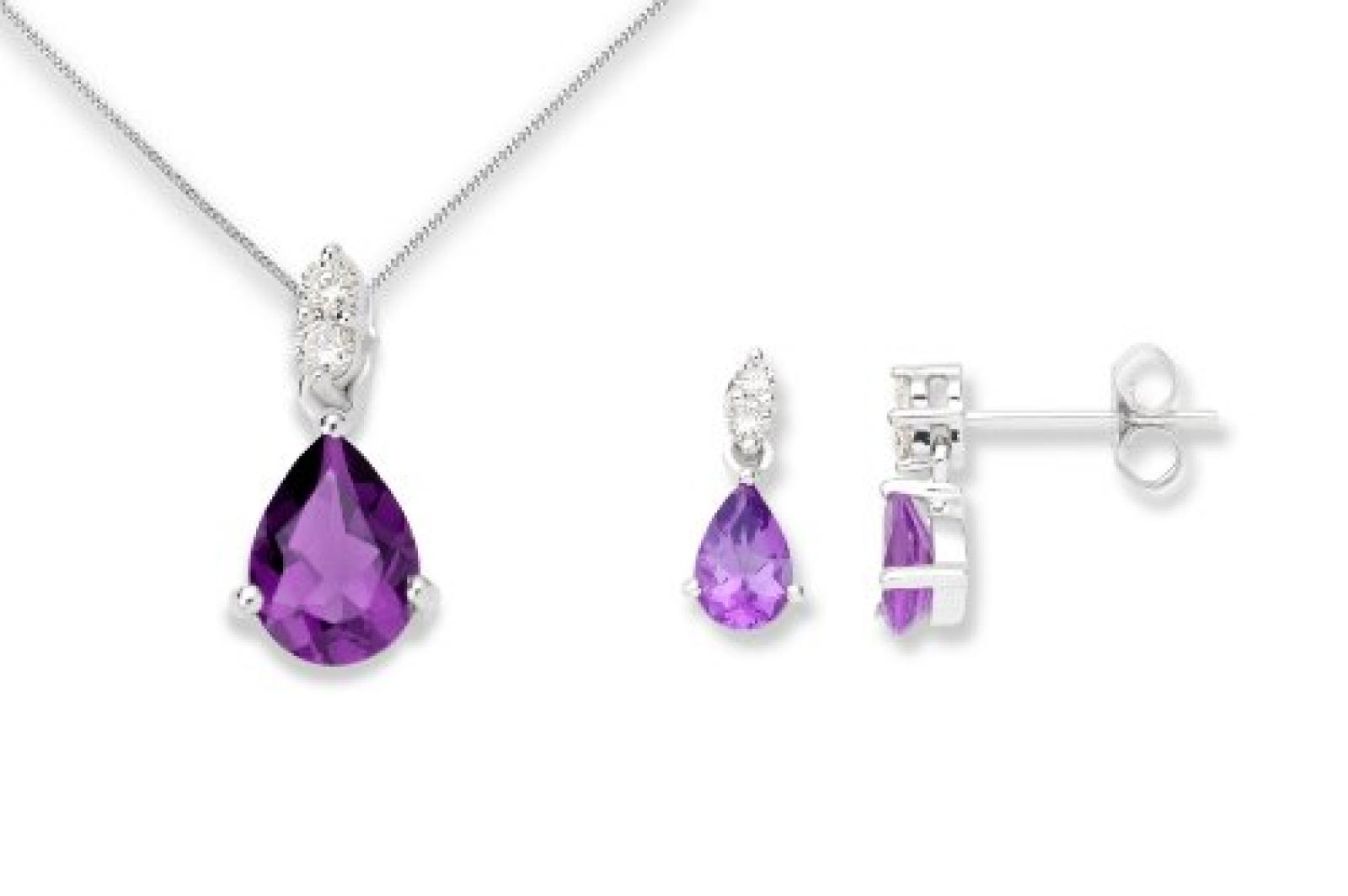 Miore Damen-Set: Halskette + Ohrringe Tropfen Amethyst und Diamant 9 Karat 375 Weißgold MSET001 
