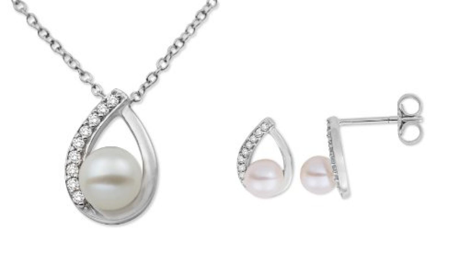 Miore Damen-Schmuckset Halskette + Ohrringe 375 Wei&szlig;gold 3 S&uuml;&szlig;wasser-Zuchtperlen wei&szlig; 27 Diamanten farblos USP031W 