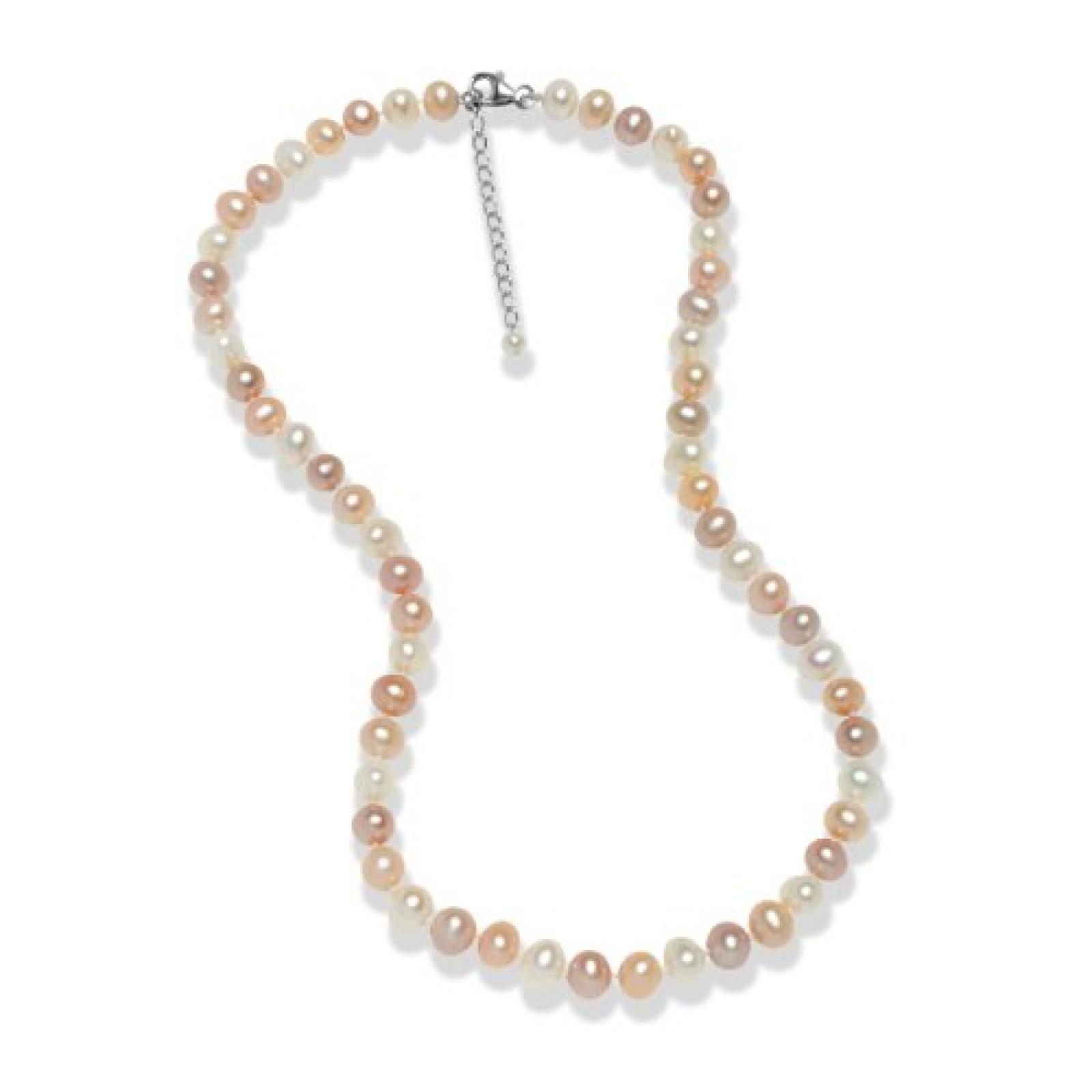 Valero Pearls Classic Collection Damen-Kette Hochwertige Süßwasser-Zuchtperlen in ca.  7 mm Oval weiß / apricot / flieder 925 Sterling Silber    60 cm + 5 cm Verlängerung   60201627 