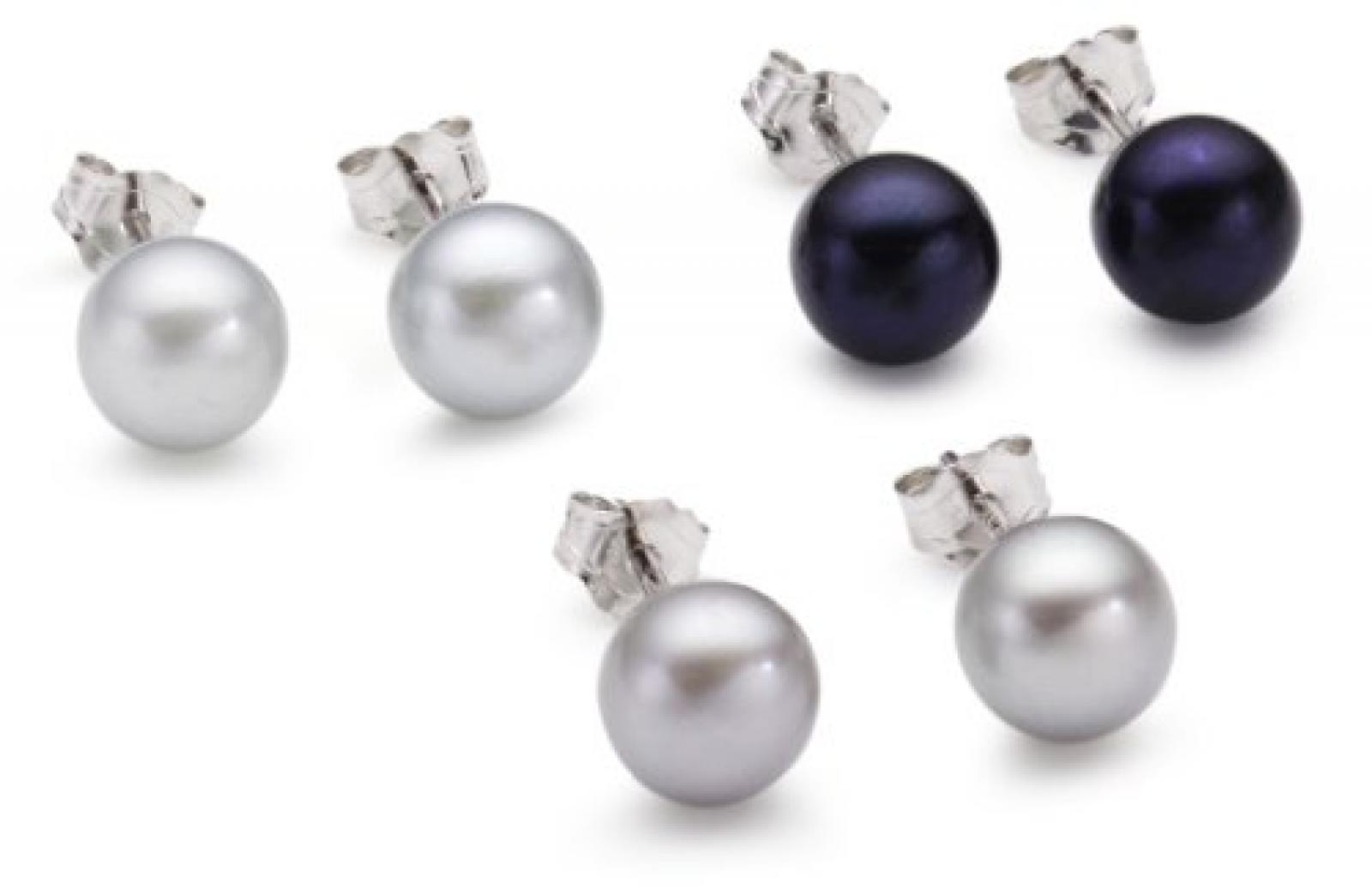 Valero Pearls Fashion Collection Damen-Set: 3 Paar Ohrstecker Hochwertige Süßwasser-Zuchtperlen in ca.  7 mm Button blau 925 Sterling Silber       60200121 