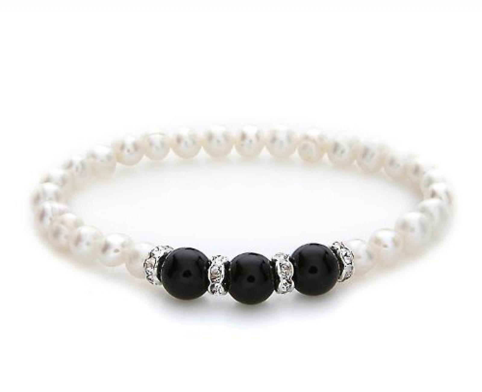 Silvity Pearls Silvity Perlenarmband Armband aus Echten S&uuml;&szlig;wasserperlen und echtem schwarzem Achat-Edelstein Farbe: wei&szlig; 6 mm 803905-20 