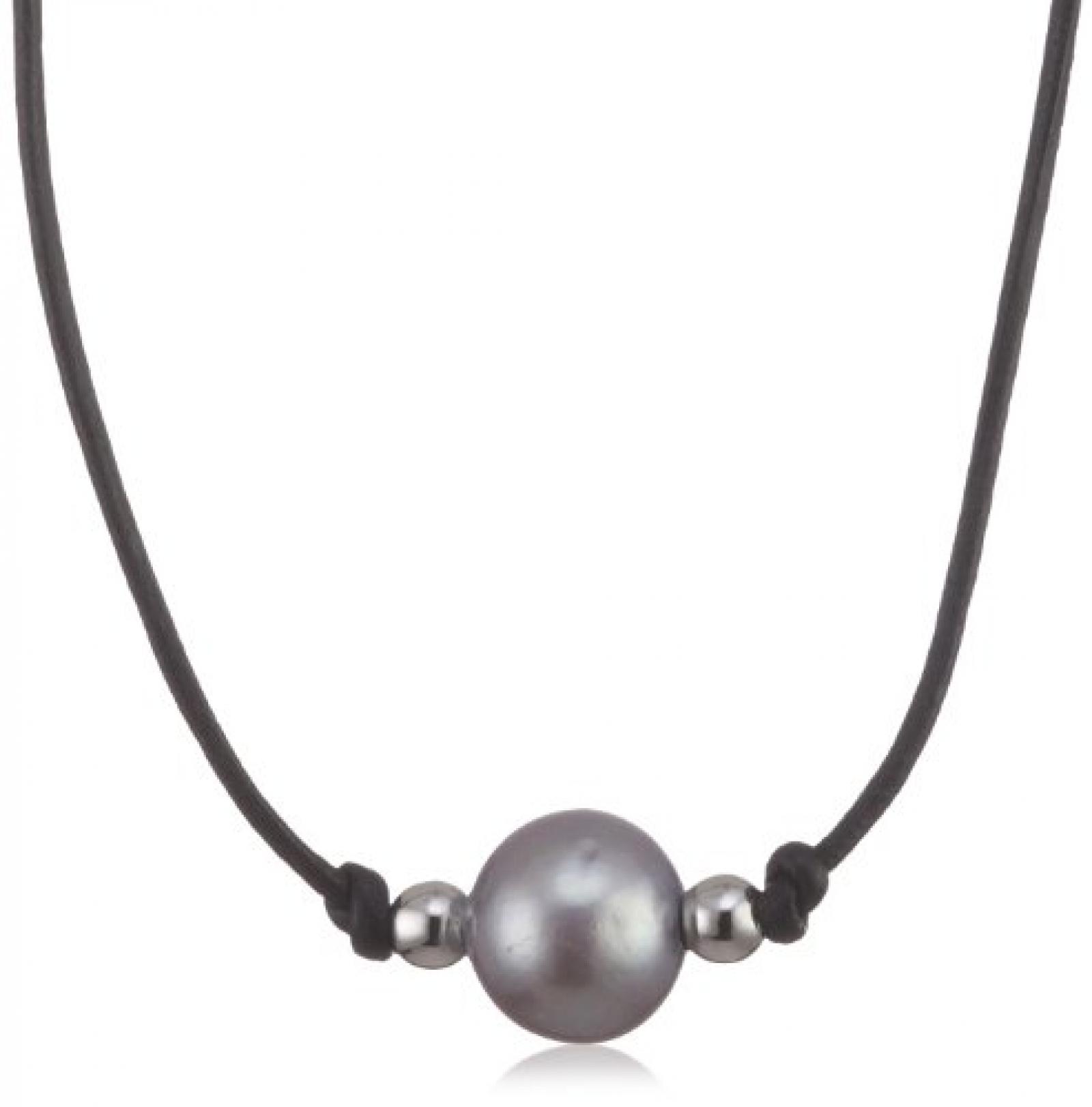 Valero Pearls Fashion Collection Damen-Kette Hochwertige S&uuml;&szlig;wasser-Zuchtperlen in ca.  10 mm Rund grau 925 Sterling Silber Leder schwarz  90 cm   60200913 