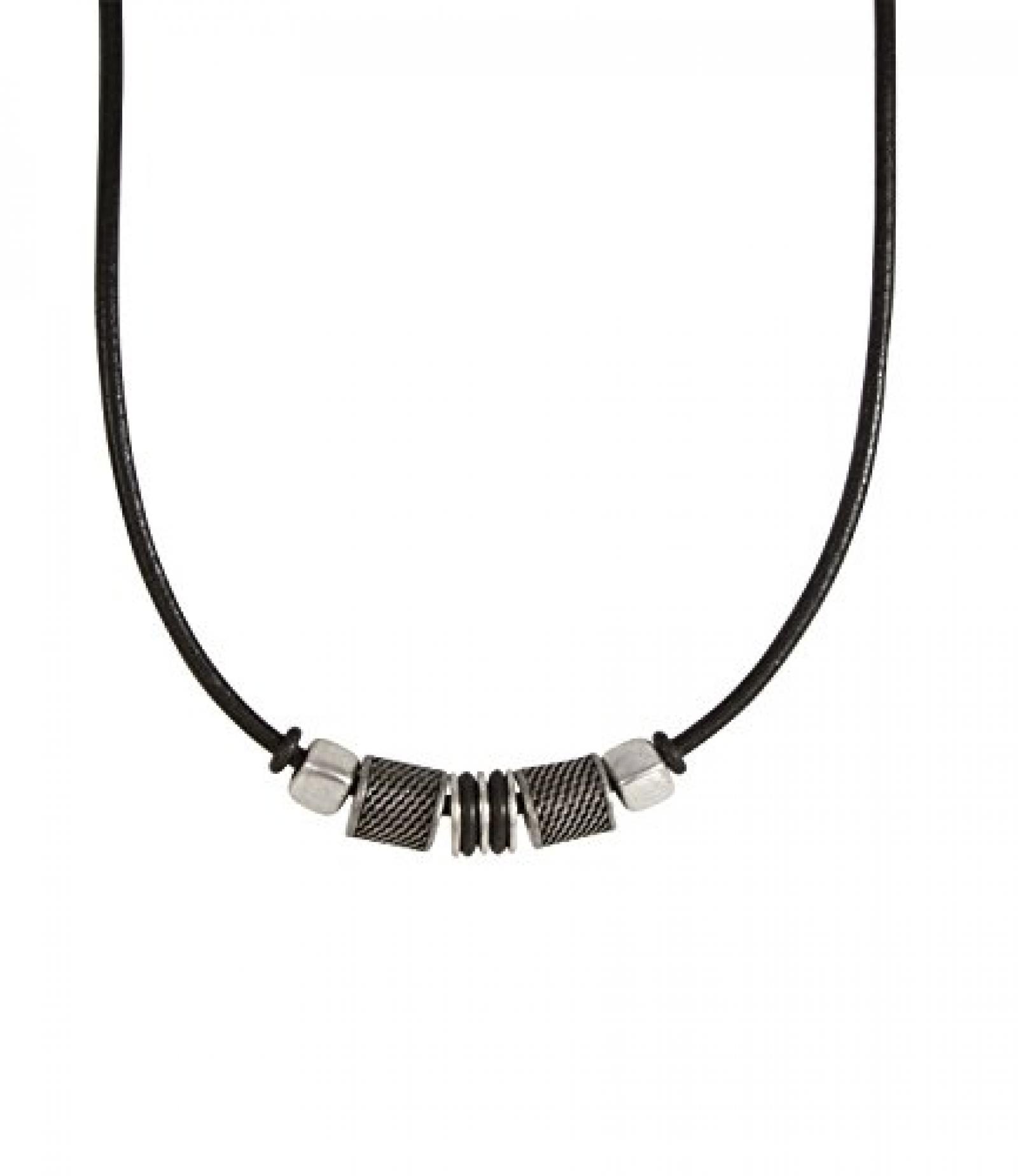 SIX MAN schwarze Leder Kette mit silber-schwarzen Röhren, Würfeln (275-188) 