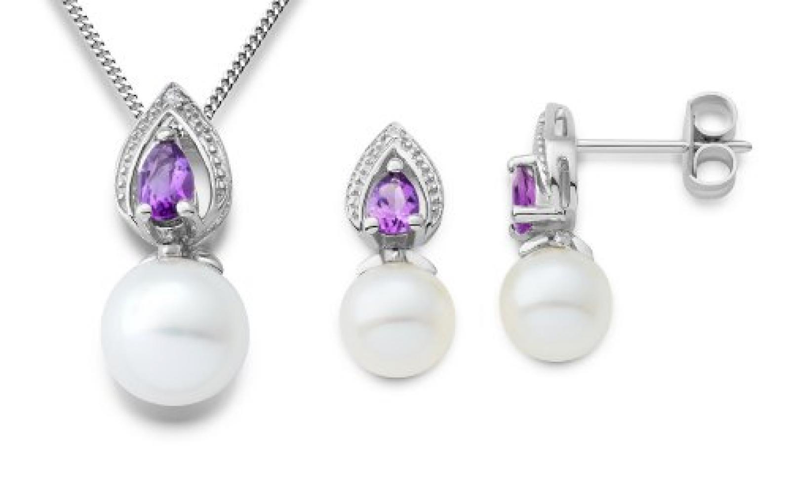 Miore Damen-Set: Halskette + Ohrringe S&uuml;&szlig;wasser-Zuchtperlen Tropfen Amethyst und Diamant 9 Karat 375 Wei&szlig;gold MSET020 