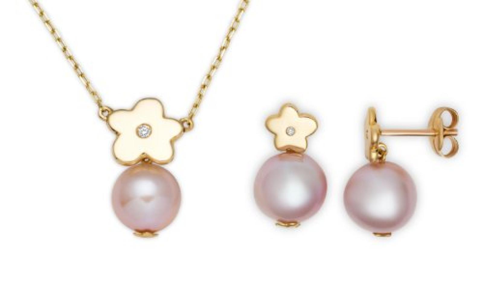 Miore Damen-Set: Halskette + Ohrringe S&uuml;&szlig;wasser-Zuchtperlen und Diamant 18 Karat (750) Gelbgold MSET003 