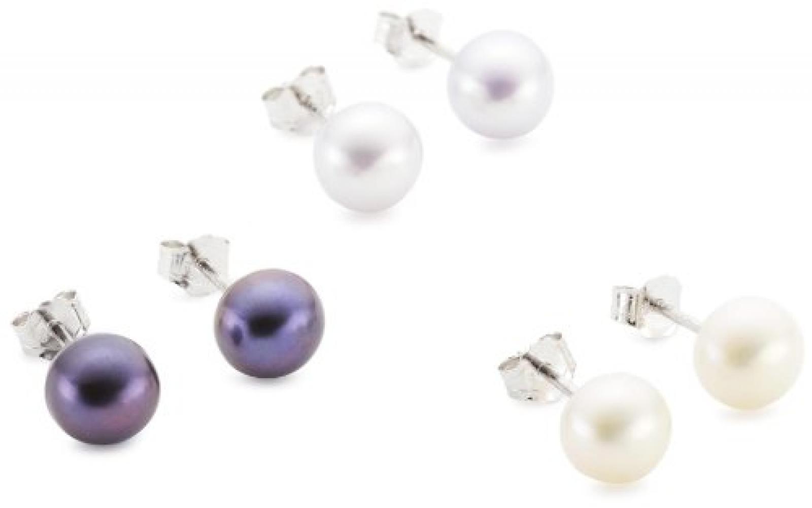 Valero Pearls Fashion Collection Damen-Set: 3 Paar Ohrstecker Hochwertige S&uuml;&szlig;wasser-Zuchtperlen in ca.  7 mm Rund ros&eacute; 925 Sterling Silber       60200123 