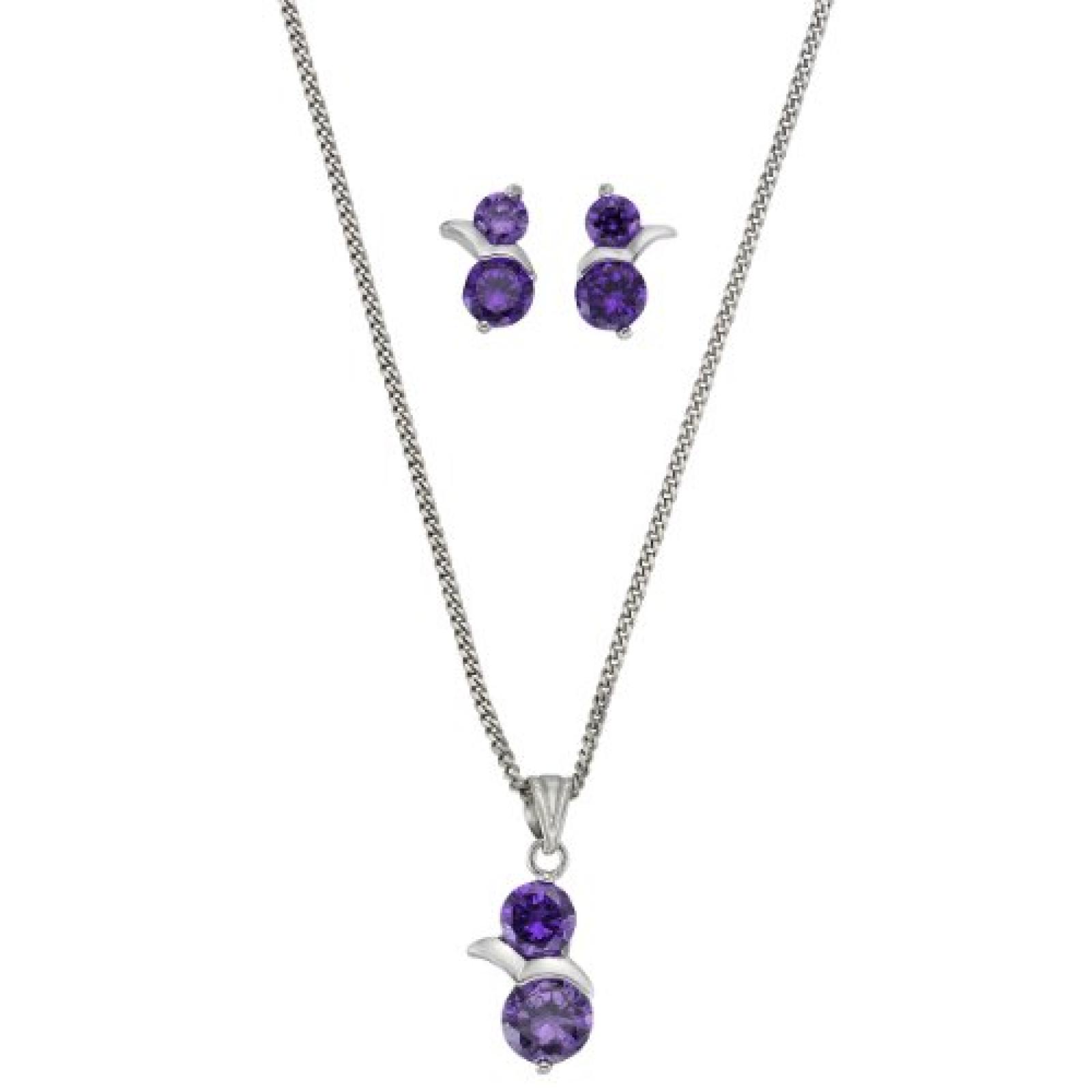 ZEEme Damen-Set: Halskette + Ohrringe 925 Sterling Silber rhodiniert Zirkonia violett 500201213-93-45 