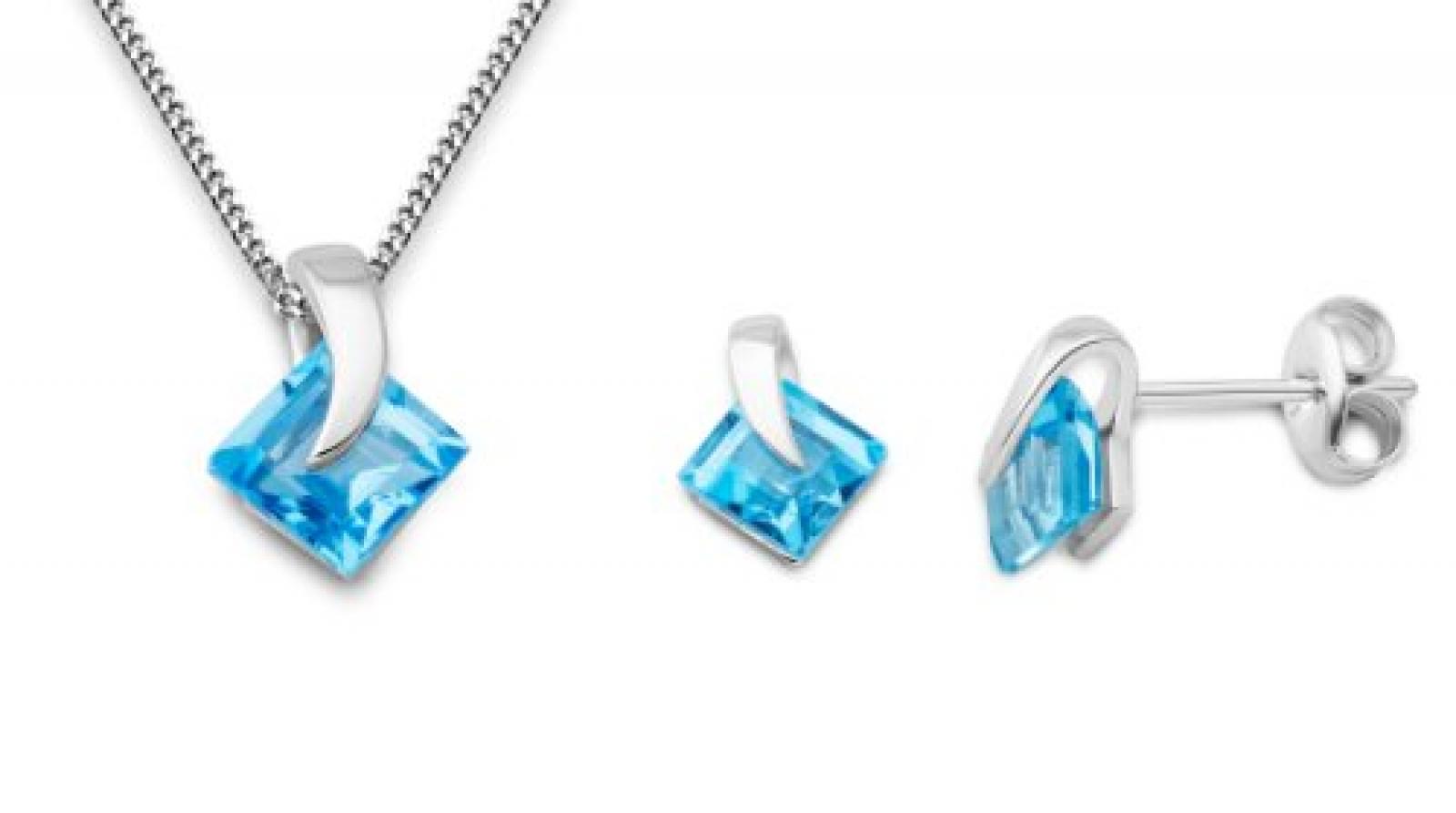 Miore Damen-Set: Halskette + Ohrringe Blau Topas 9 Karat 375 Wei&szlig;gold MSET011 