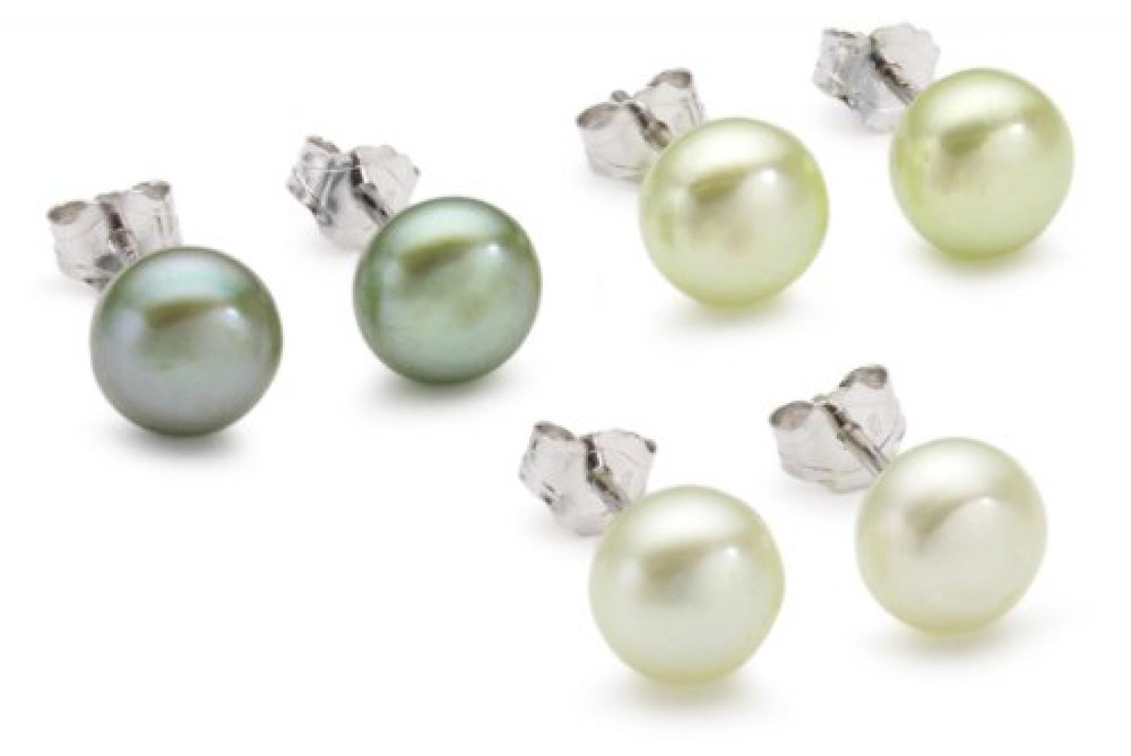 Valero Pearls Fashion Collection Damen-Set: 3 Paar Ohrstecker Hochwertige S&uuml;&szlig;wasser-Zuchtperlen in ca.  7 mm Button gr&uuml;n 925 Sterling Silber       60200125 
