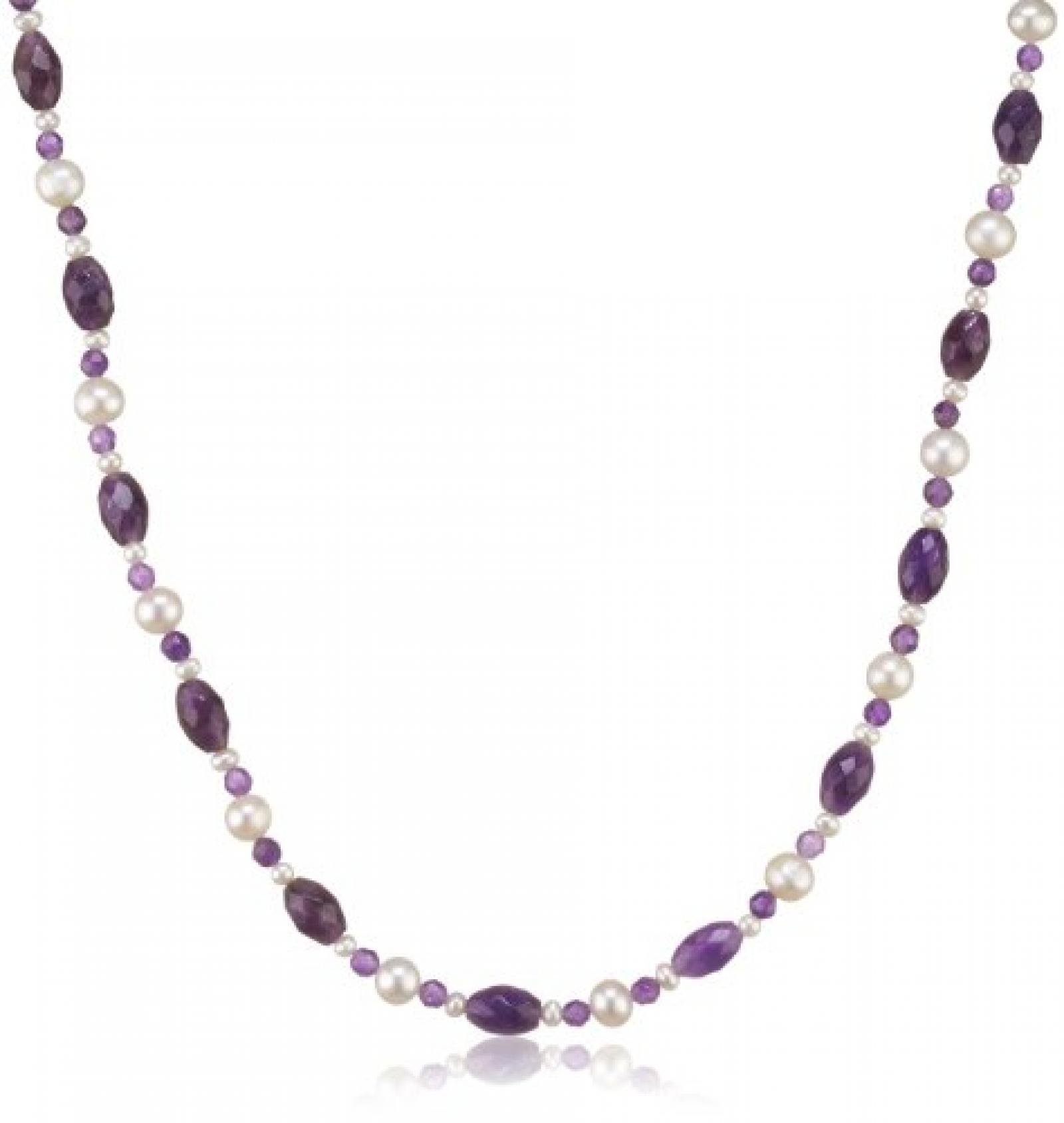 Valero Pearls Fashion Collection Damen-Kette Hochwertige S&uuml;&szlig;wasser-Zuchtperlen in ca.  4-8 mm Oval wei&szlig; 925 Sterling Silber   Amethyst 45 cm + 5 cm Verl&auml;ngerung   456020 