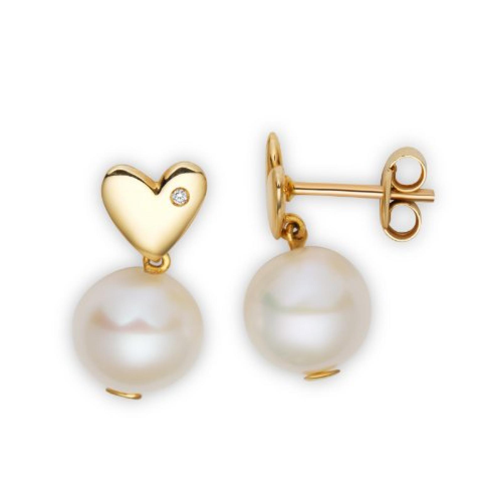 Miore Damen-Ohrstecker 18 Karat (750) Gelbgold Herzen S&uuml;&szlig;wasser-Zuchtperlen wei&szlig; ca.9mm 2 Brillanten AG0165 