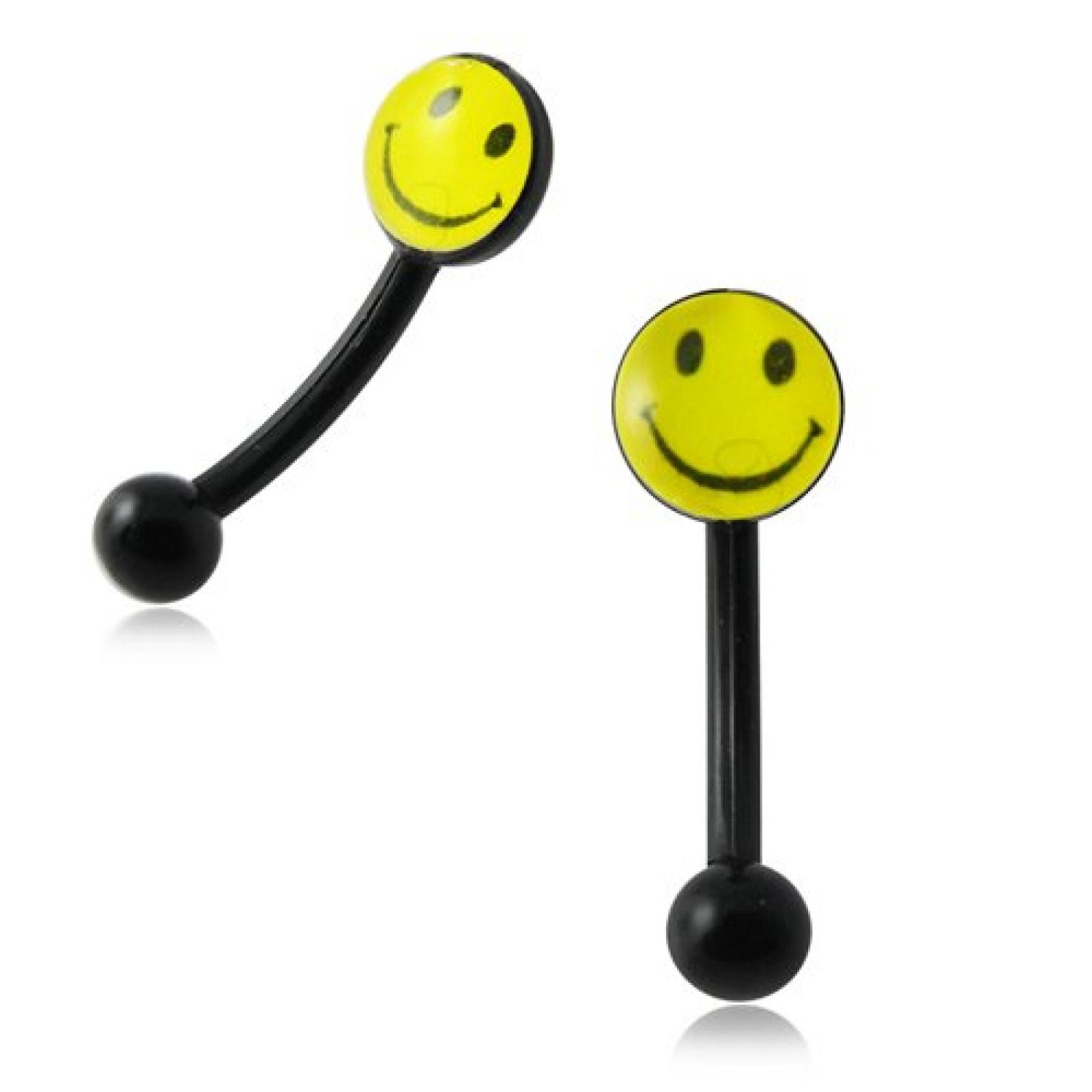 Thuppaki Smiley Face Logo Flexible Augenbrauen Ring. 16Gx5/16(1.2x8mm) Flexible Banane mit 5MM flachen Logo und 3MM UV Ball Augenbrauen Piercing Ring. Nur verkauft von Stück. 