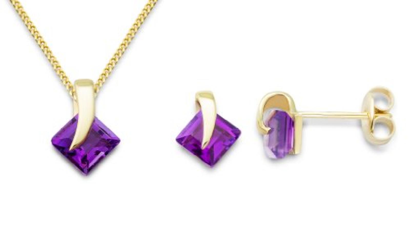 Miore Damen-Set: Halskette + Ohrringe Amethyst 9 Karat 375 Gelbgold MSET013 