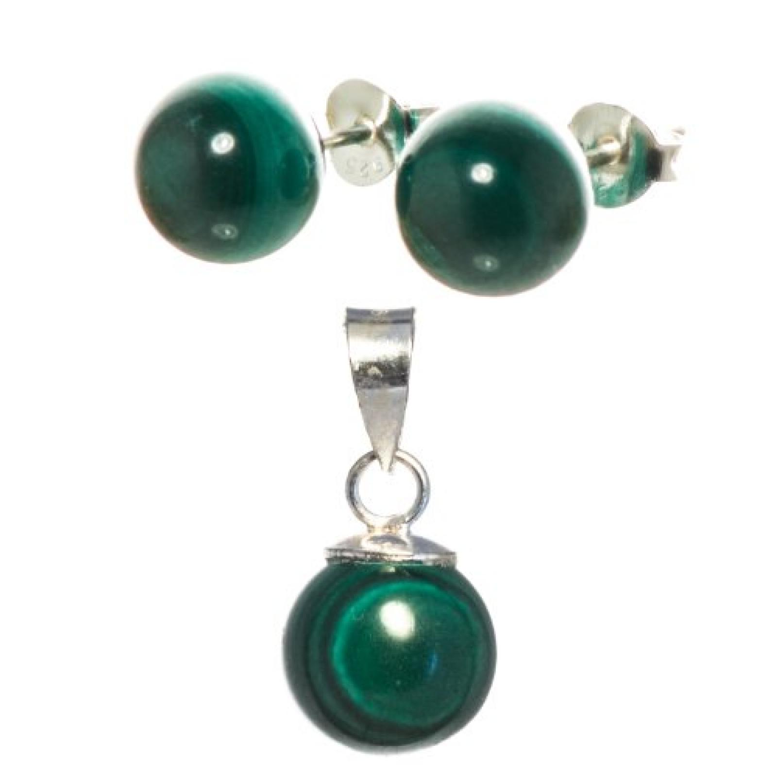 Bella Carina Damen Set, Anh&auml;nger und Ohrstecker mit Malachit 8 mm Kugel, 925 Sterling Silber 