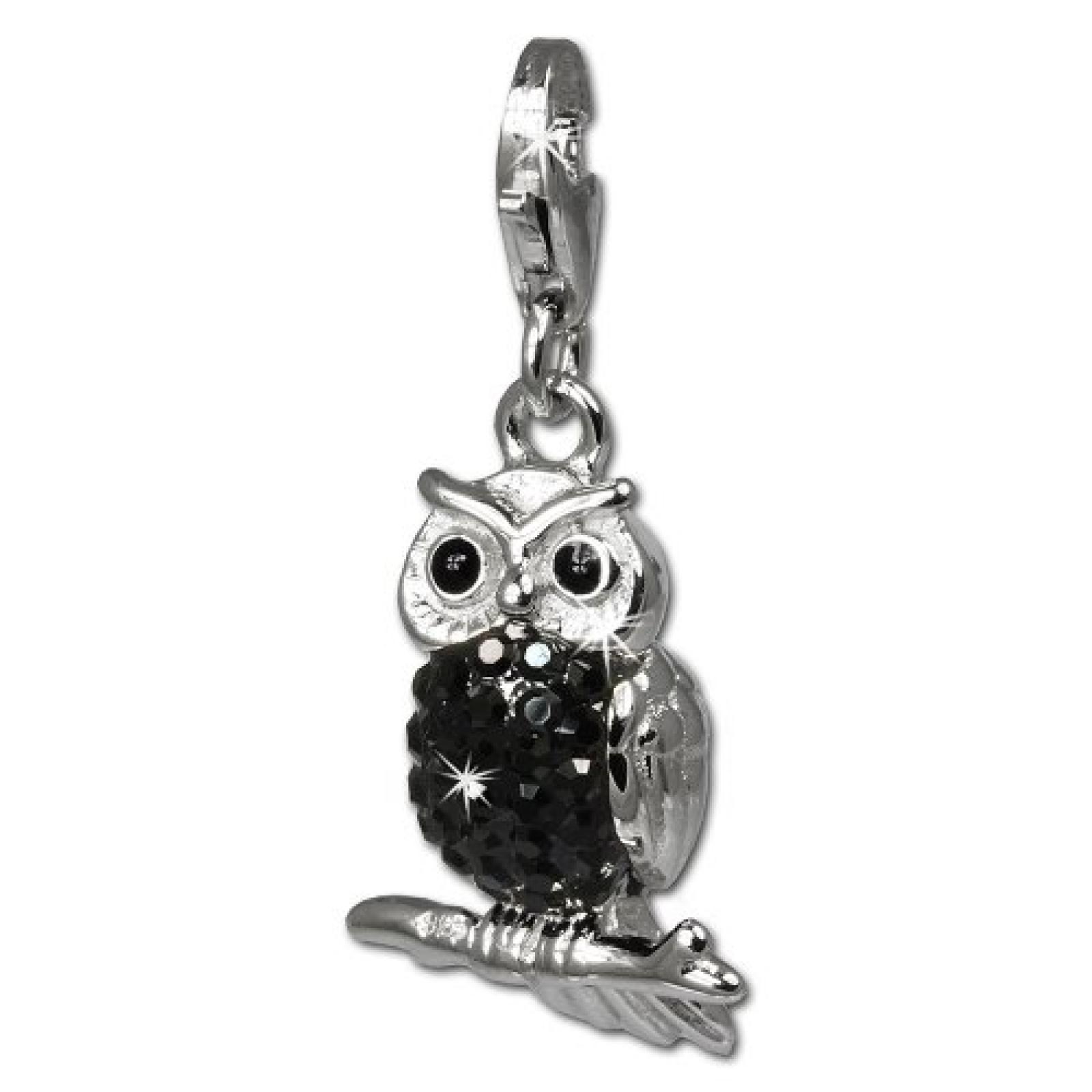SilberDream Glitzer Charm Eule - Uhu schwarz Zirkonia Kristalle Anh&auml;nger 925 Silber f&uuml;r Bettelarmb&auml;nder Kette Ohrring GSC505S 
