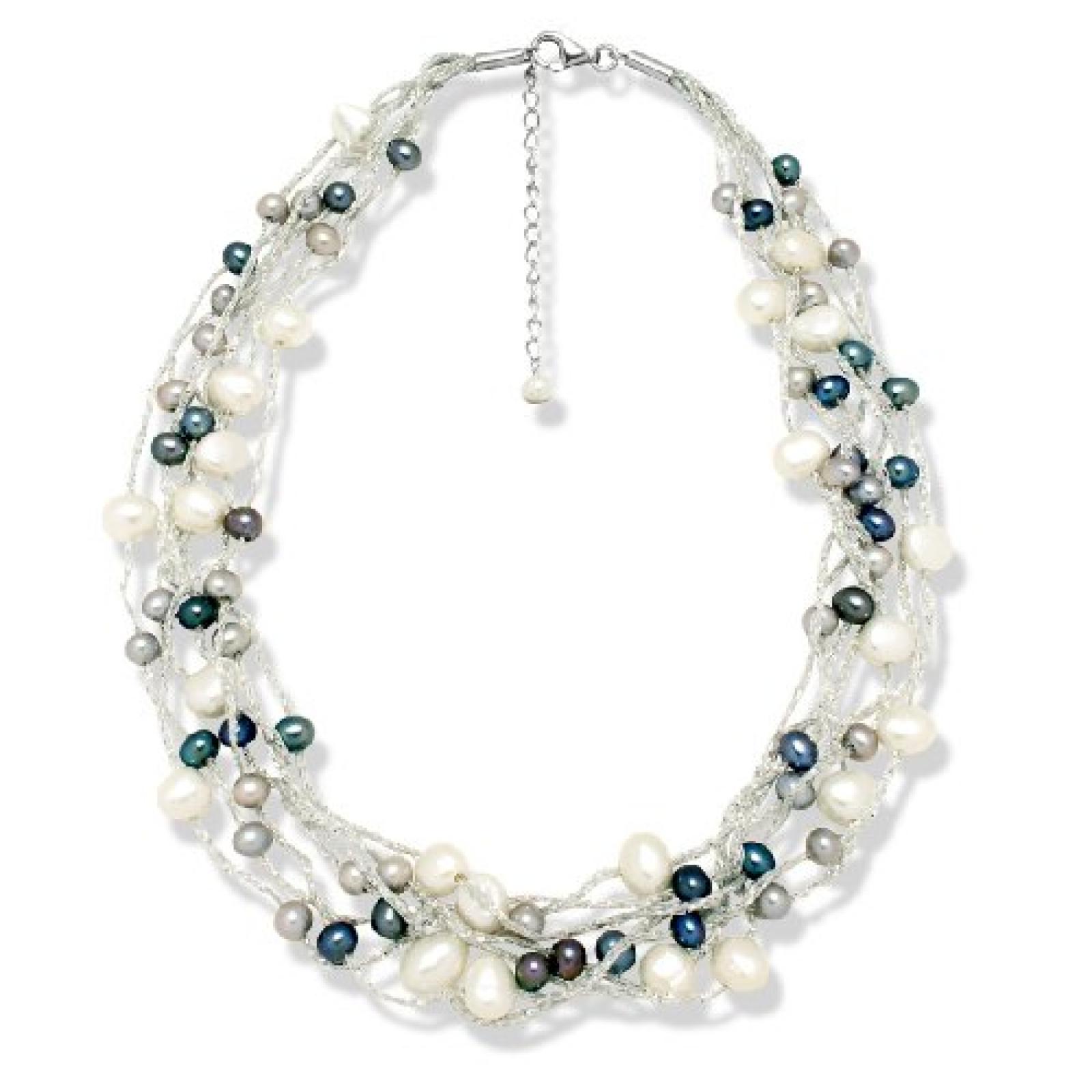 Valero Pearls Fashion Collection Damen-Kette Hochwertige Süßwasser-Zuchtperlen in ca.  6 mm Barock weiß / hellgrau / pfauenblau 925 Sterling Silber    43 cm + 5 cm Verlängerung   60201082 