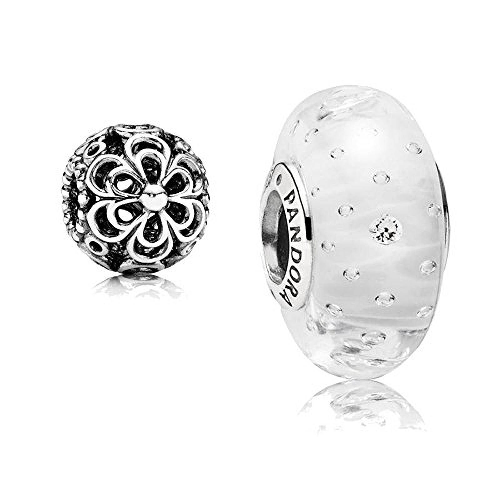 Original Pandora Geschenkset - 1 Silber Muranoglas Element Glitzer-Glas Weiß mit klarem Zirkonia 791617CZ und 1 Filigranes Silber Element Durchbrochene Apfelblüte 790965 