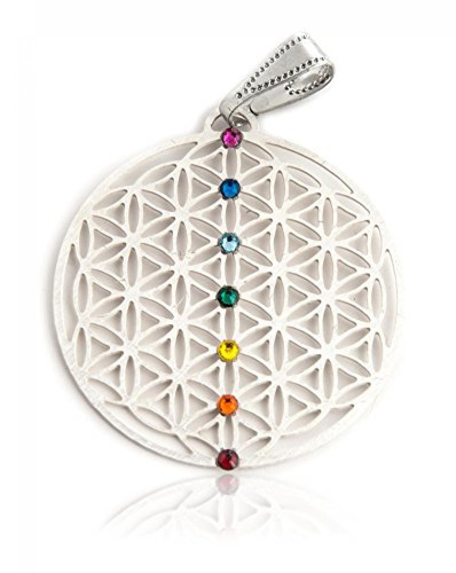 Schmuck Chakra Anh&auml;nger Blume des Lebens &Oslash; 30mm aus Edelstahl silber mit 7 Swarovski Elements, Lebensblume Amulett 