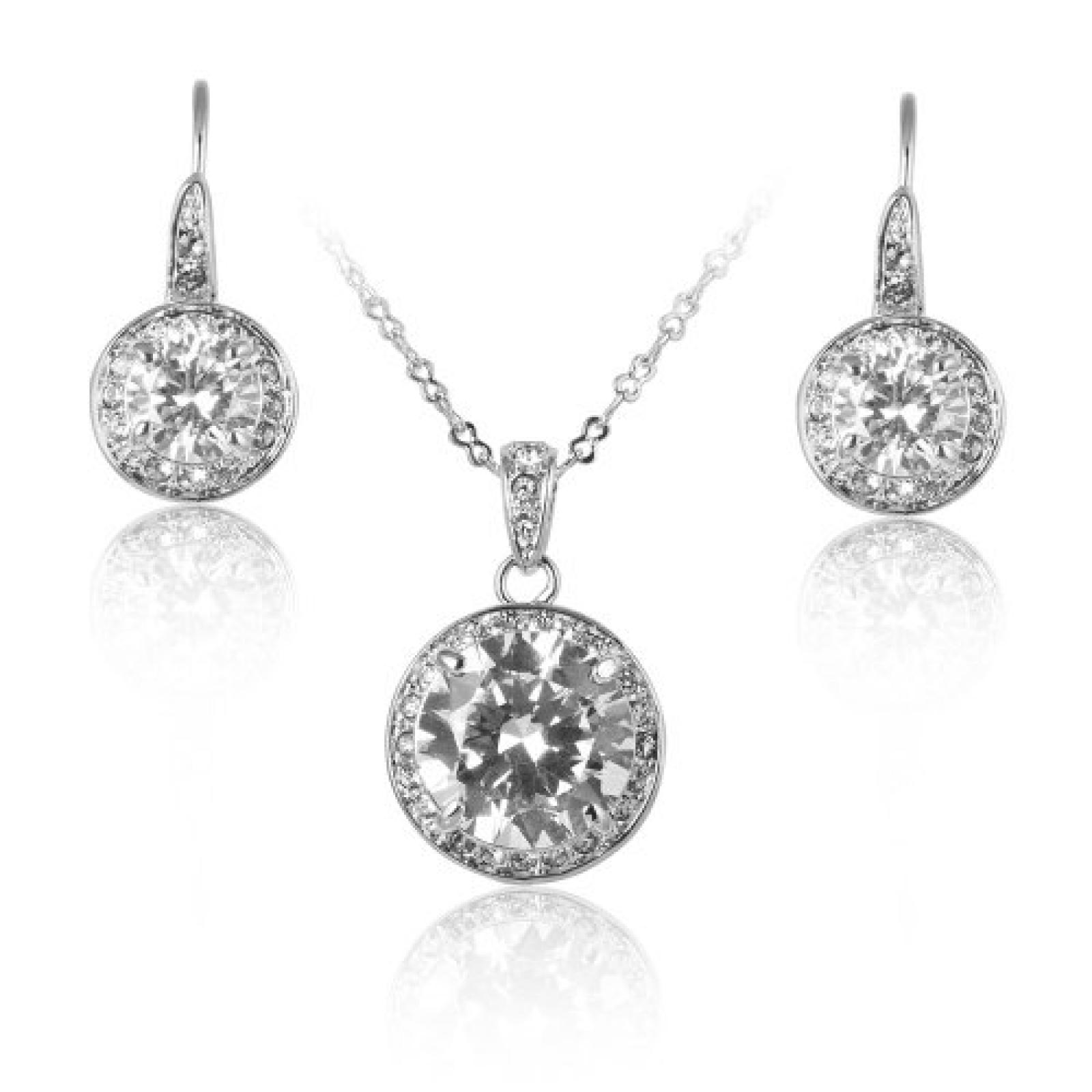 Fashion Plaza Silber plattiert rund Klar Kristall Anhaenger Halskette und schwanken Ohrring Set Modul S70 