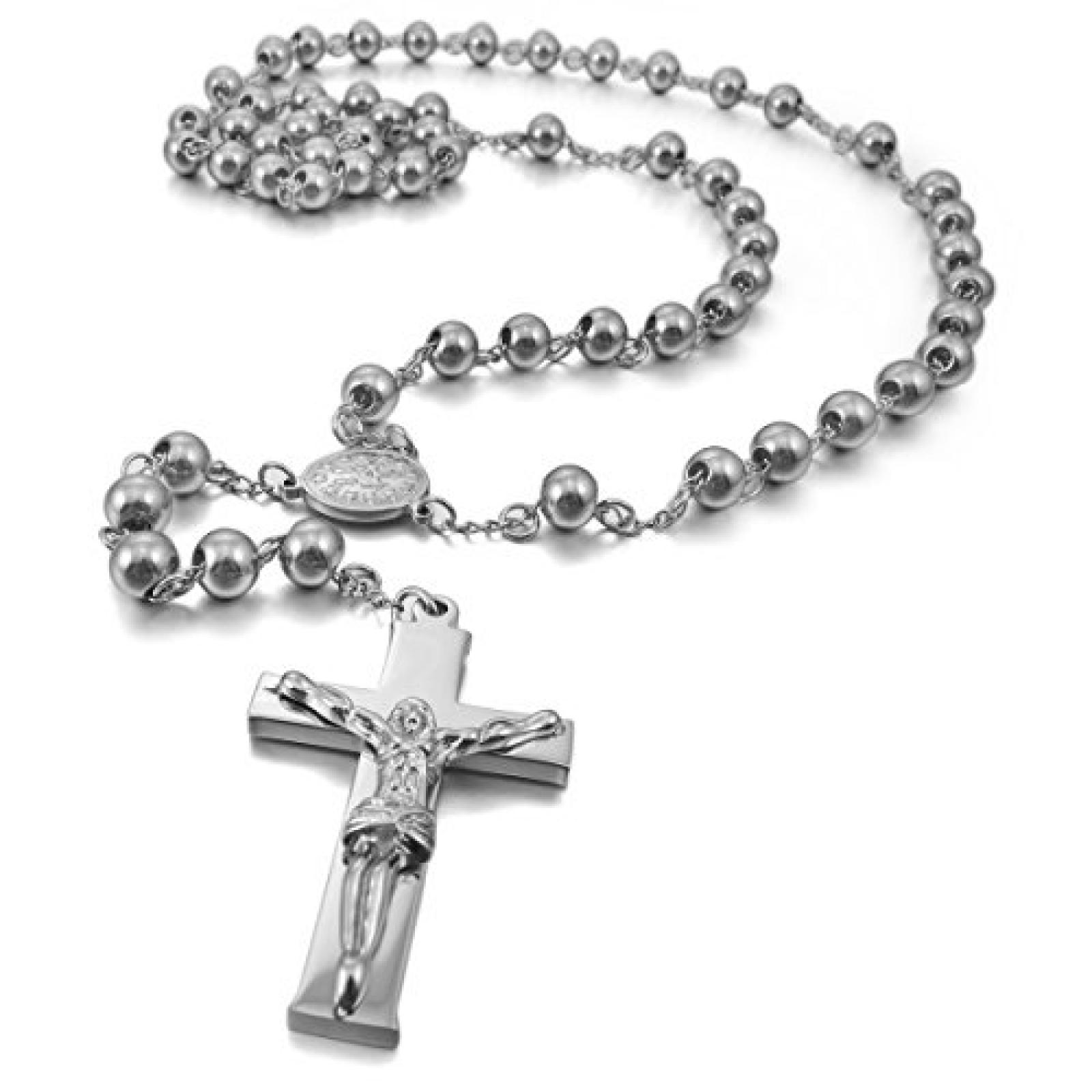 MunkiMix Edelstahl Anhänger Halskette Silber Jesus Christ Kruzifix Kreuz Jahrgang 29 Zoll Rosenkranz Kette Herren 