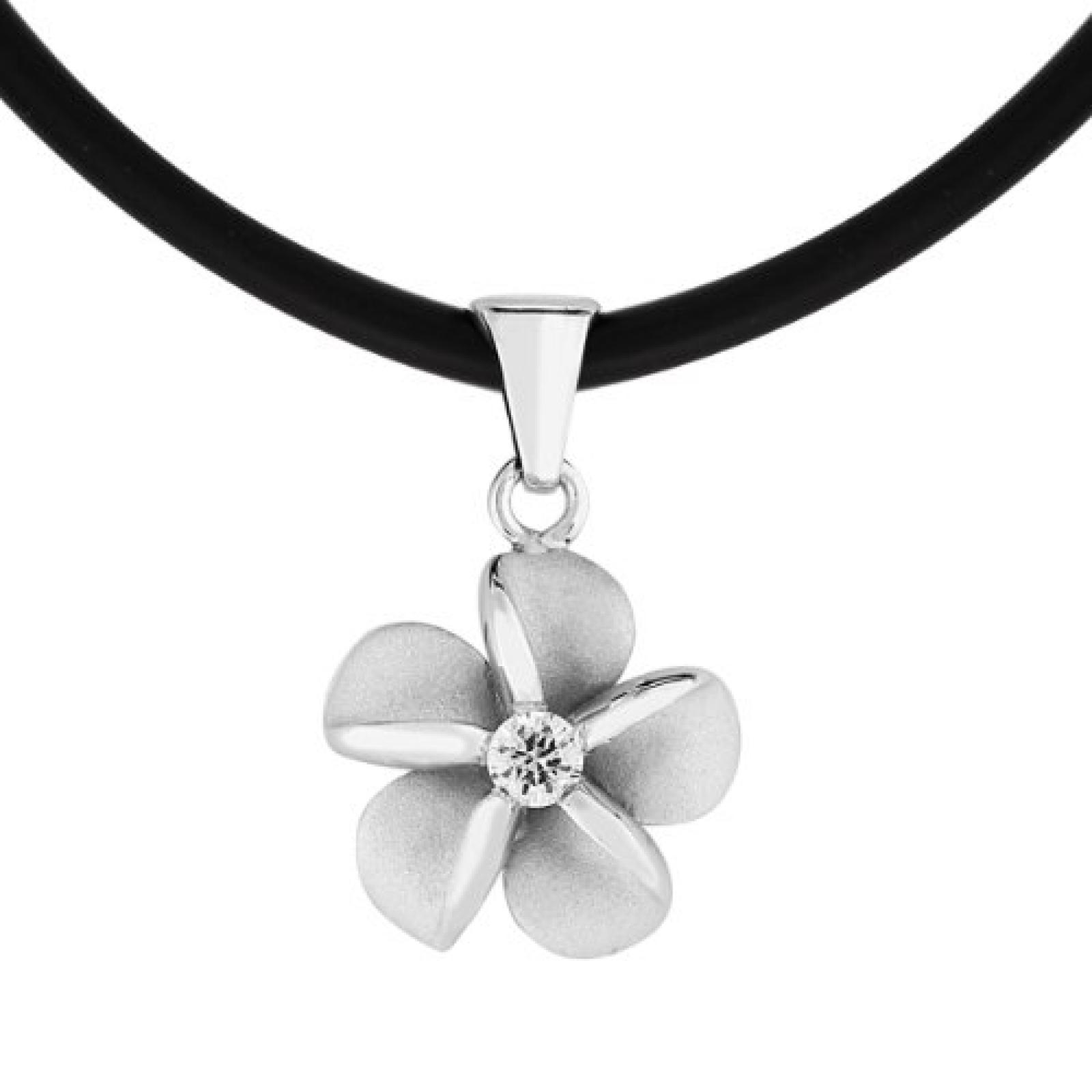 Bella Donna Damen-Halskette Blume 925 Sterling Silber Kautschukband schwarz 1 Zirkonia weiss 44 cm 109516 