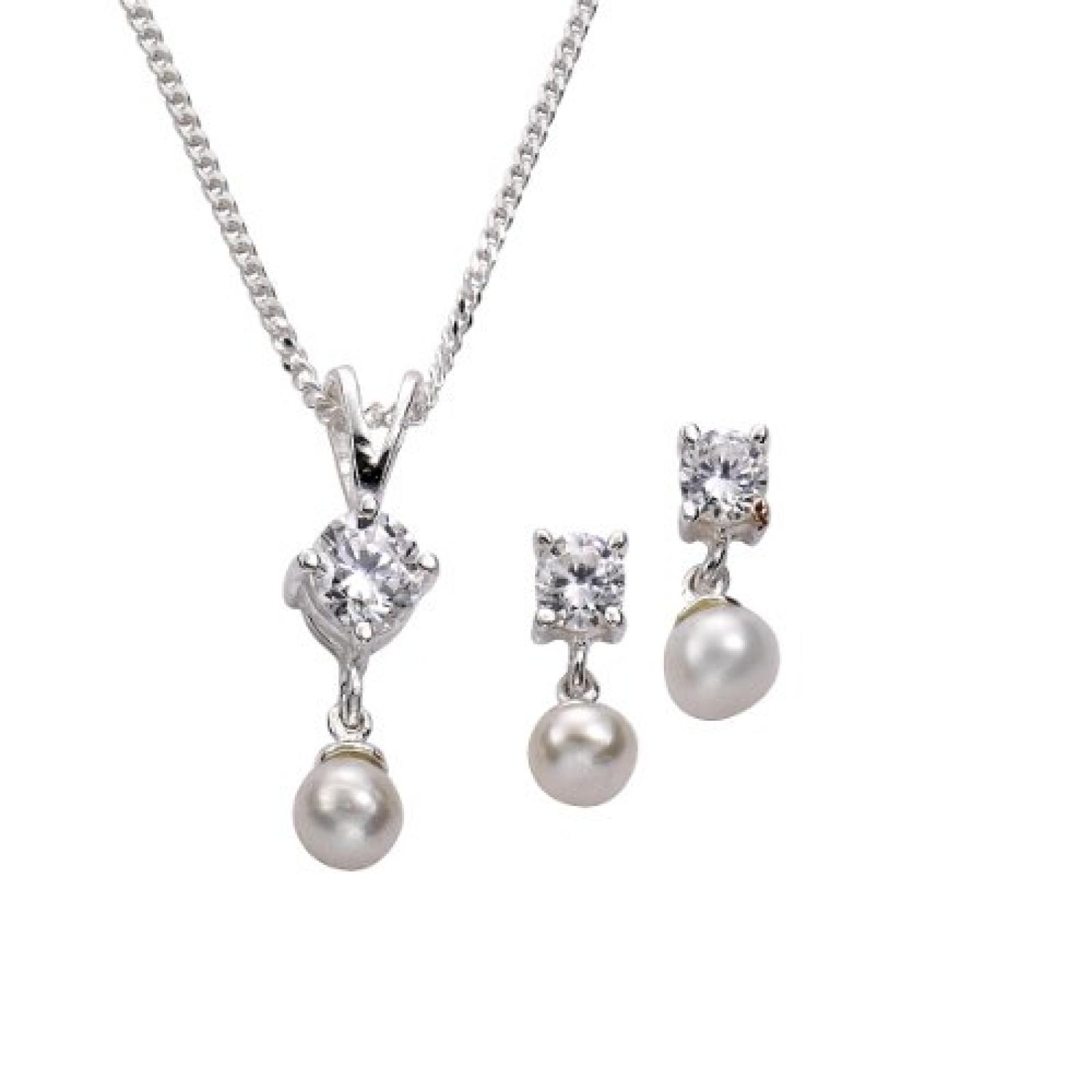 ZEEme Basic Damen-Schmuckset 925/- Sterling Silber Ohrstecker und Anh&auml;nger mit Kette 42cm Zirkonia wei&szlig; + S&uuml;&szlig;wasserzuchtperle wei&szlig; 500201208-42 