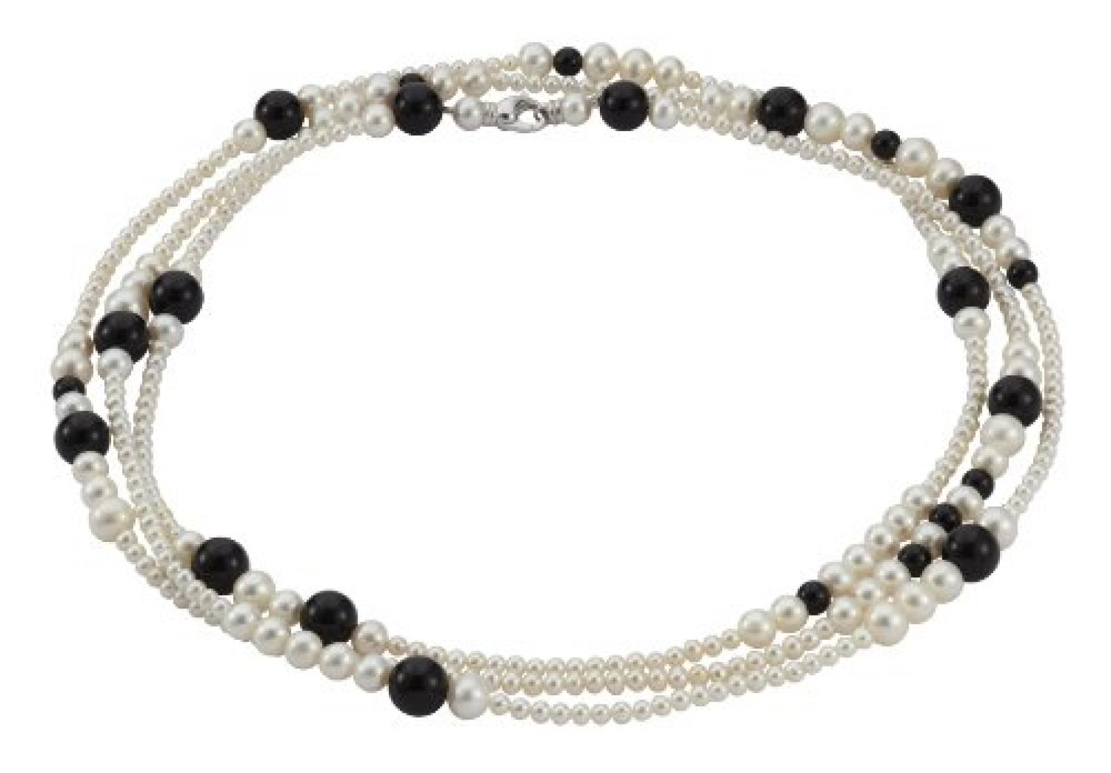 Adriana Damen-Kette S&uuml;&szlig;wasser Zuchtperlen mit Onyx 925 Sterling Silber 160cm SWZP wei&szlig; Premium RE6 