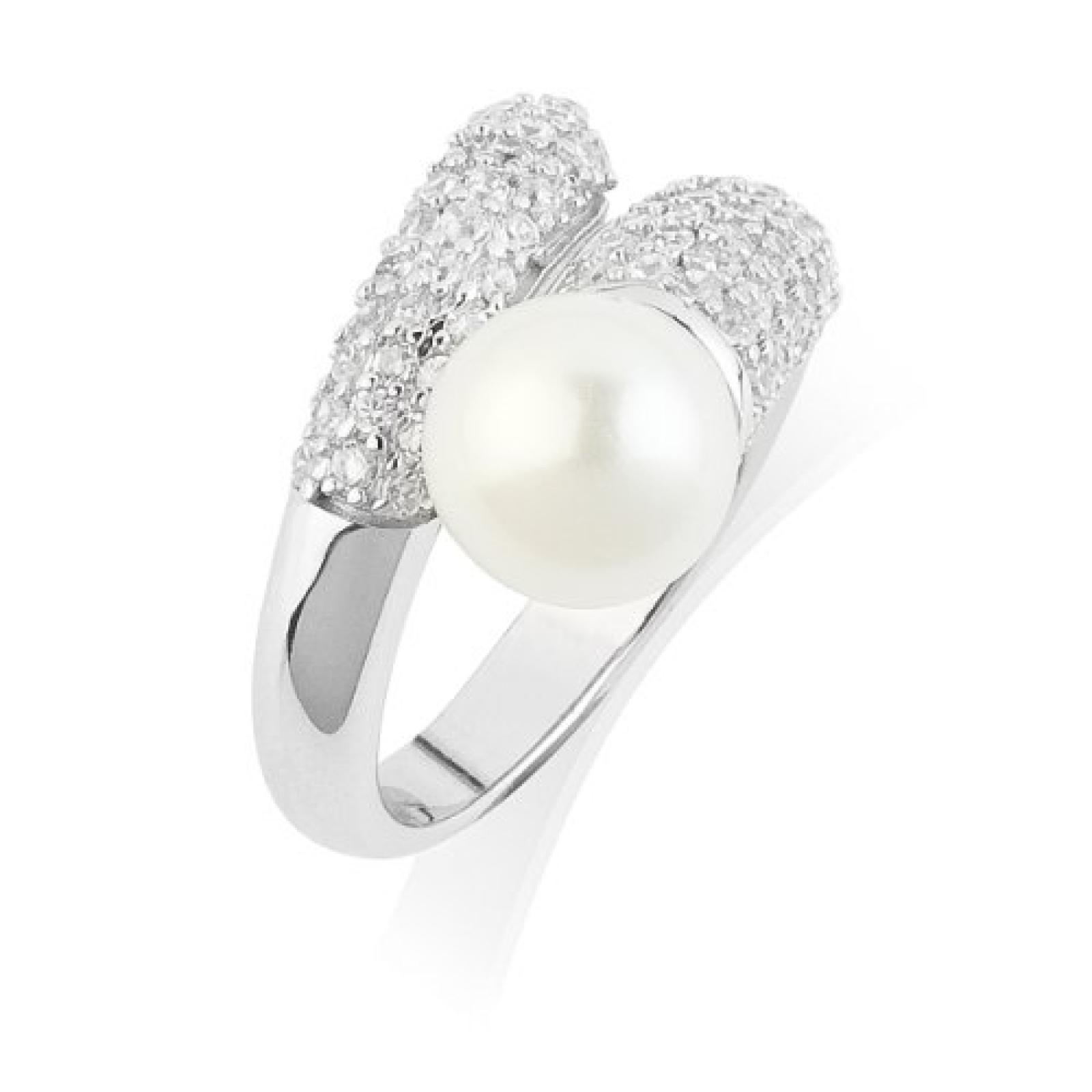 Valero Pearls Damen-Ring Silver Collection 925 Sterling Silber S&uuml;&szlig;wasser-Zuchtperlen 10 mm Button wei&szlig; Zirkonia wei&szlig; 60201416 