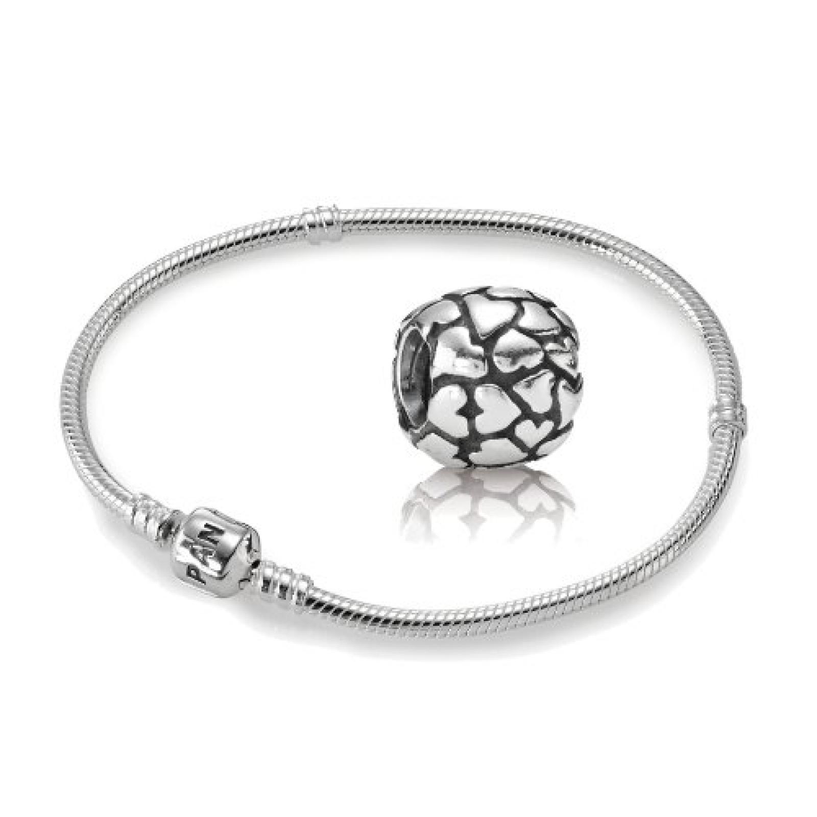 Original PANDORA Starterset / Geschenkset 925er Sterling Silber - 1 Silber Armband - Größe 21 cm - Art.Nr. 590702HV-21 und 1 Silber Charm Herzen - Art.Nr. 790174 