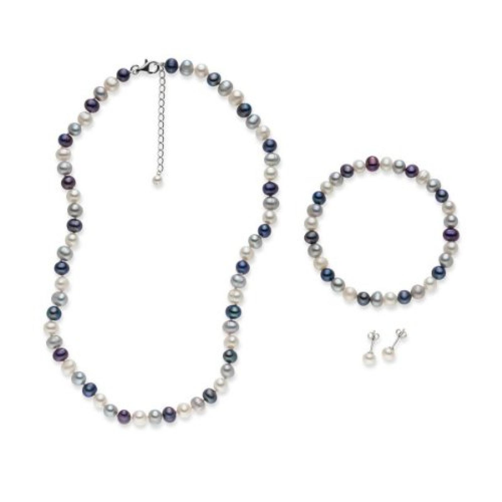 Valero Pearls 3er Set S&uuml;&szlig;wasserzuchtperlen wei&szlig; silber Kette Armband Ohrstecker Sterling Silber 925 60201781 