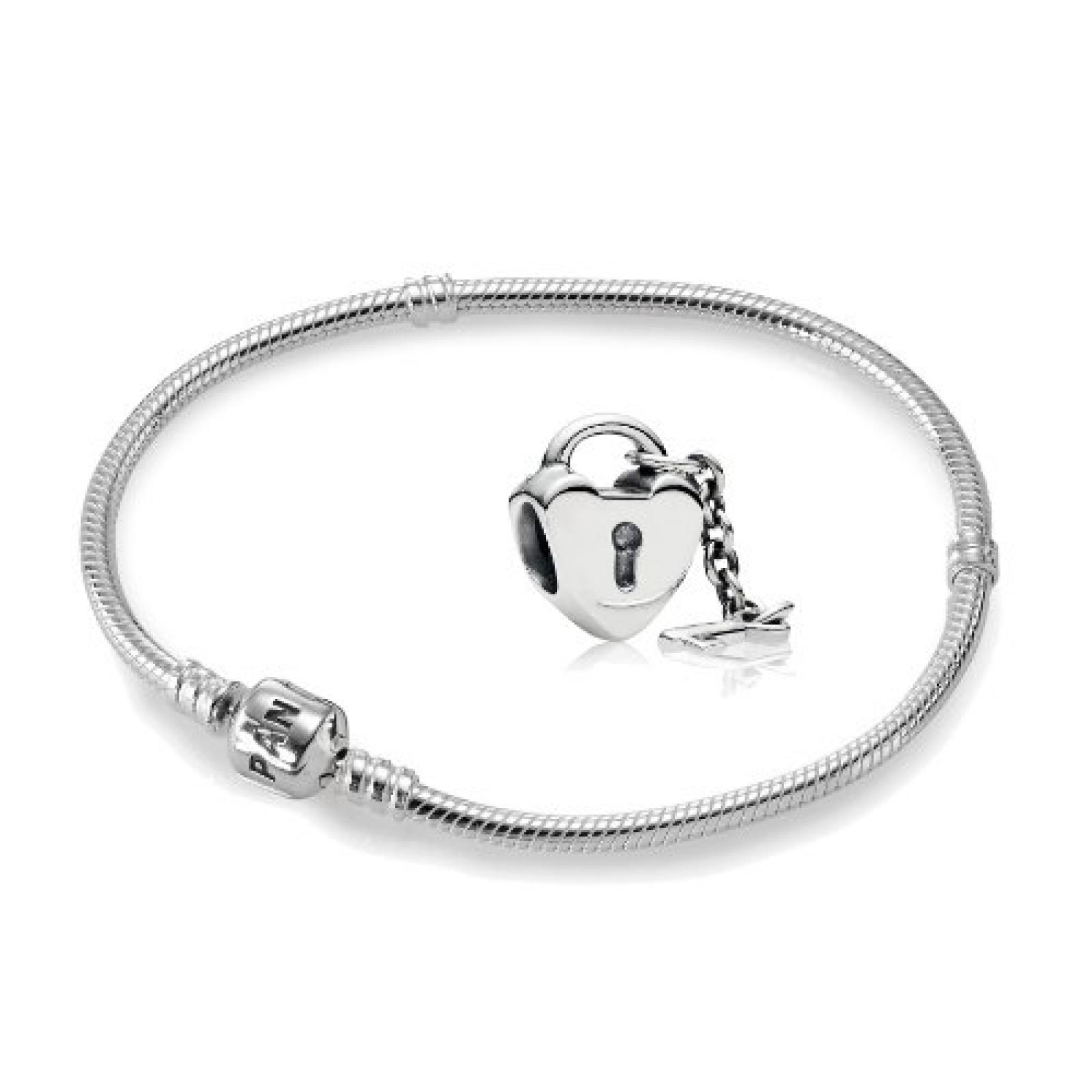 Original PANDORA Starterset / Geschenkset 925er Sterling Silber - 1 Silber Armband - Größe 20 cm - Art.Nr. 590702HV-20 und 1 Silber Charm Herzschloss Art.Nr. 790971 