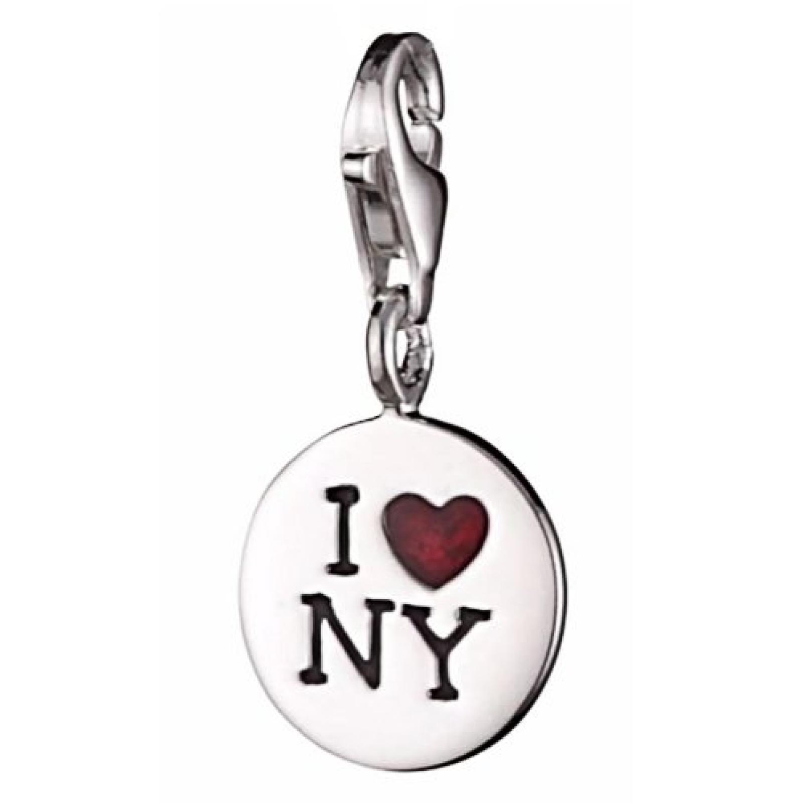 Vinani Damen-Charm Anh&auml;nger runde Plakette Platte mit Schriftzug I love NY emailliert Sterling Silber 925 New York HILN 