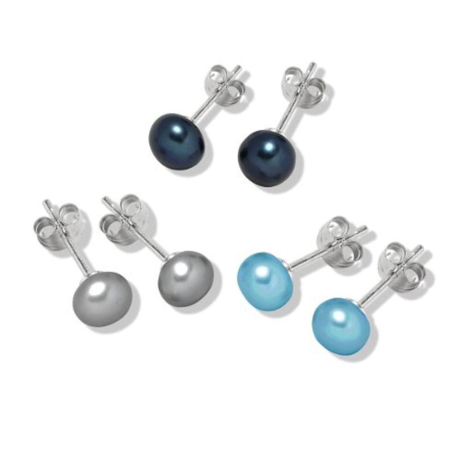 Valero Pearls Fashion Collection Damen-Set: 3 Paar Ohrstecker Hochwertige Süßwasser-Zuchtperlen in ca.  7 mm Button blau 925 Sterling Silber       60020079 