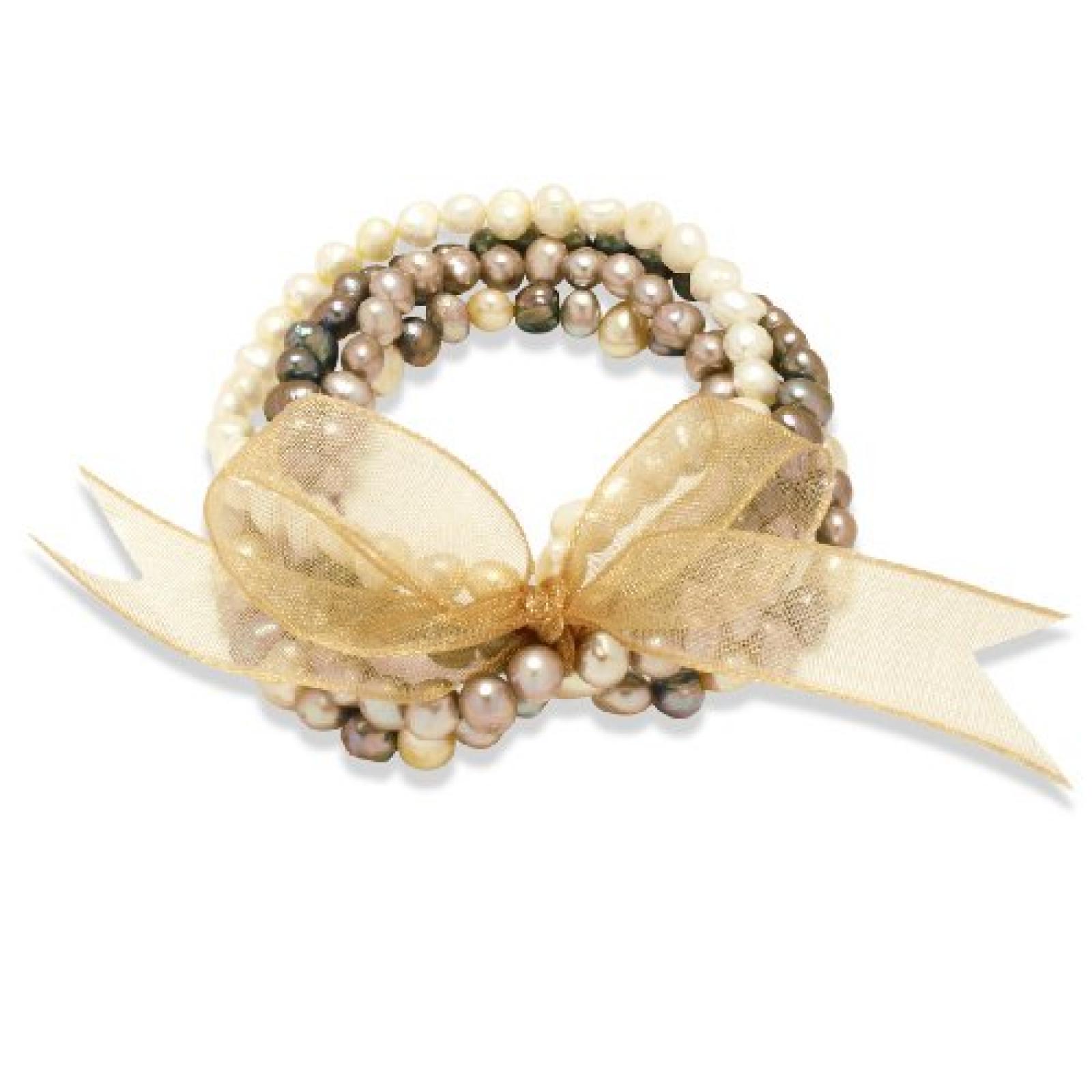 Valero Pearls Fashion Collection Damen-Armband elastisch Hochwertige Süßwasser-Zuchtperlen in ca.  4-6 mm Barock gold / elfenbein / tahitigrün  Organza gold  19 cm   60200114 