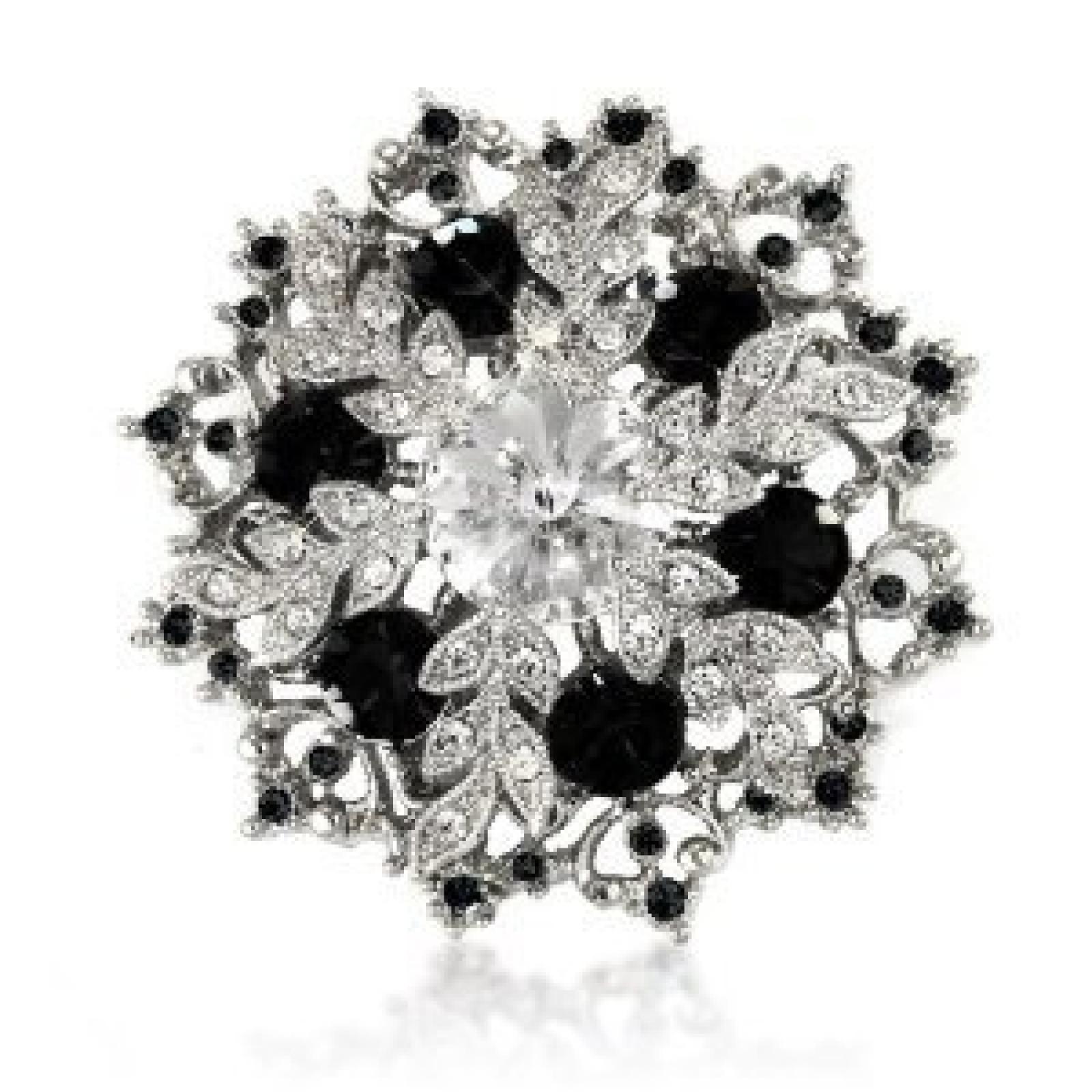 Swarovski Elements Schwarz Kristall Blumen Brosche und Anh&auml;nger - 14K vergoldet 