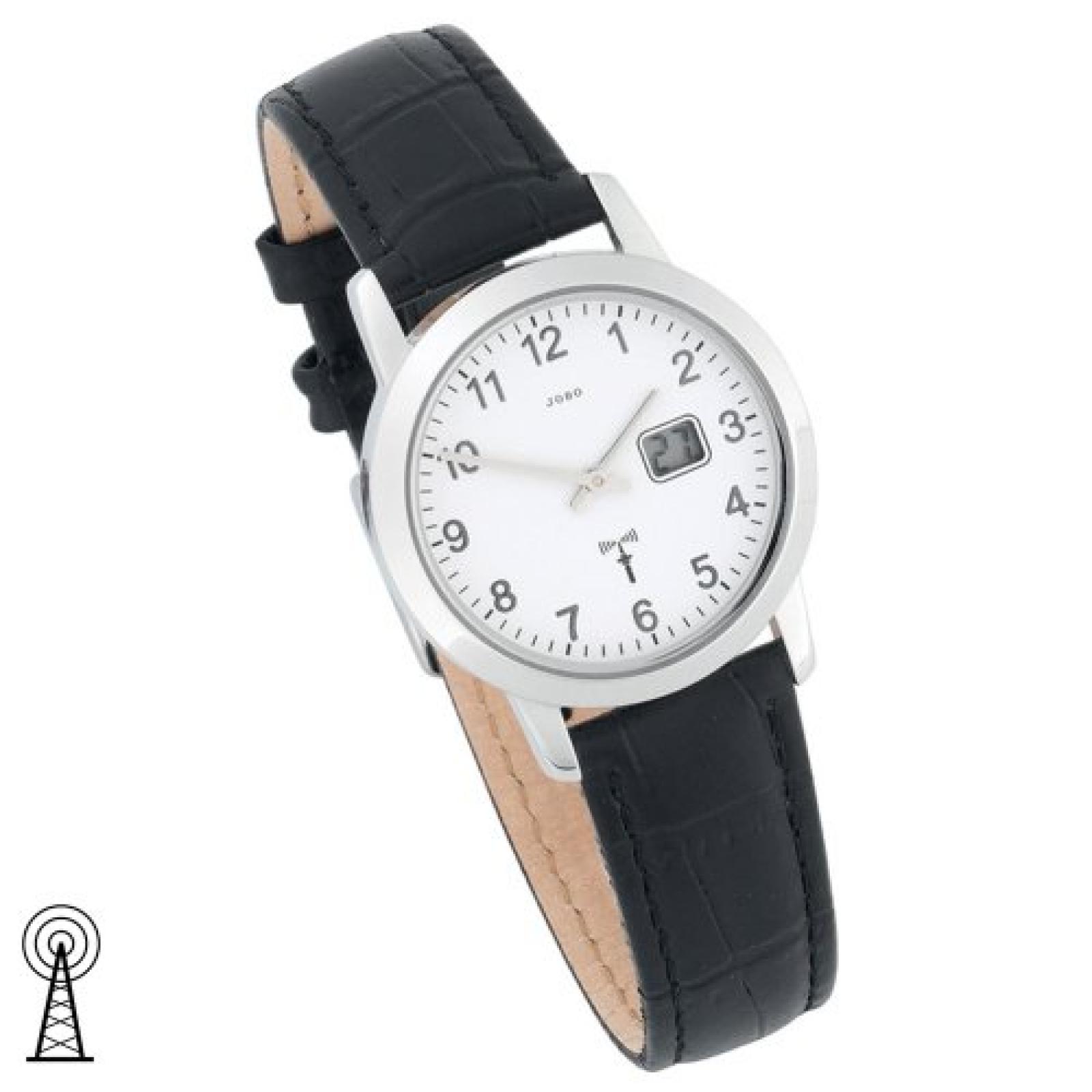 JOBO Damenarmbanduhr , Funkuhr , Edelstahlgeh&auml;use , Mineralglas , digitale Datums - und Sekundenanzeige , wasserdicht bis 5 ATM , schwarzes Lederband , Junghans - Werk , Durchmesser ca. 31 mm , Tiefe ca. 9 mm , L&auml;nge ca. 200 mm , Ansto&szlig; 16 mm 