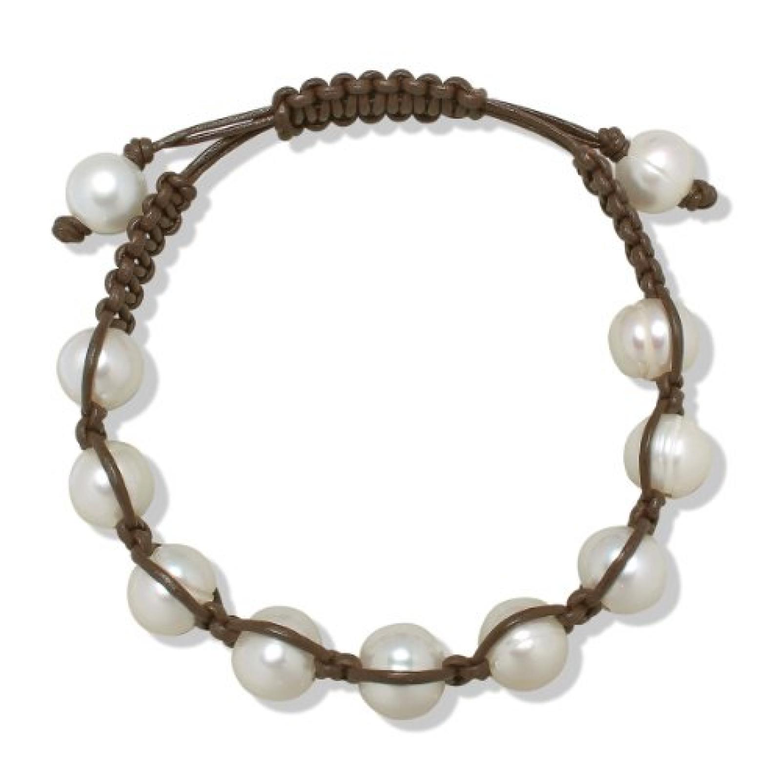 Valero Pearls Fashion Collection Damen-Armband Hochwertige Süßwasser-Zuchtperlen in ca.  9 mm Oval weiß  Leder braun  18 bis 33 m   60020026 