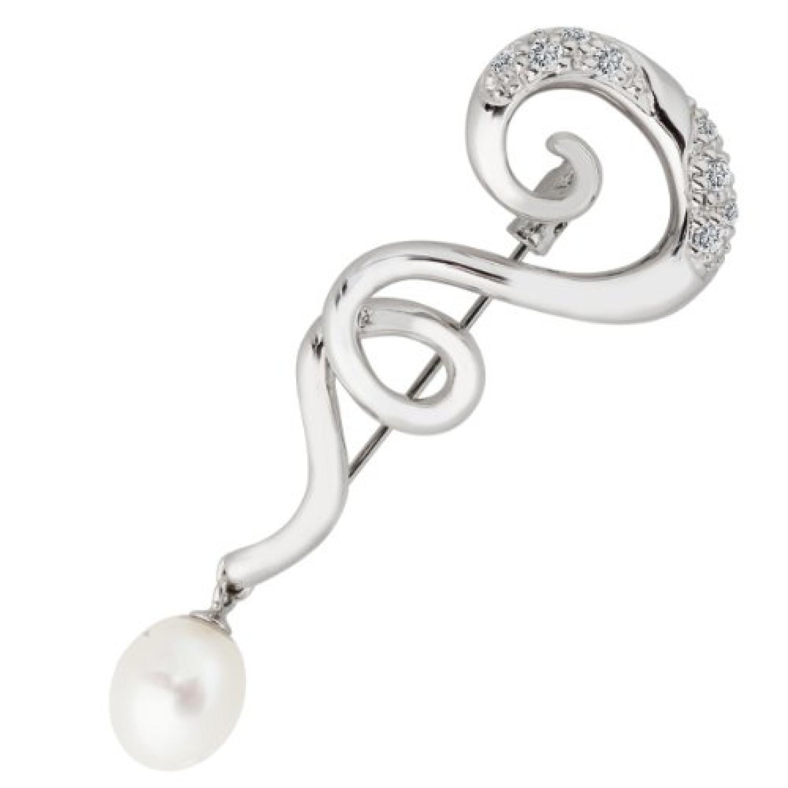 Bella Donna Damen-Brosche 925 Sterling Silber 1 Süßwasser Zuchtperle weiss 8,5-9,0 mm 4 Zirkonia 109424 