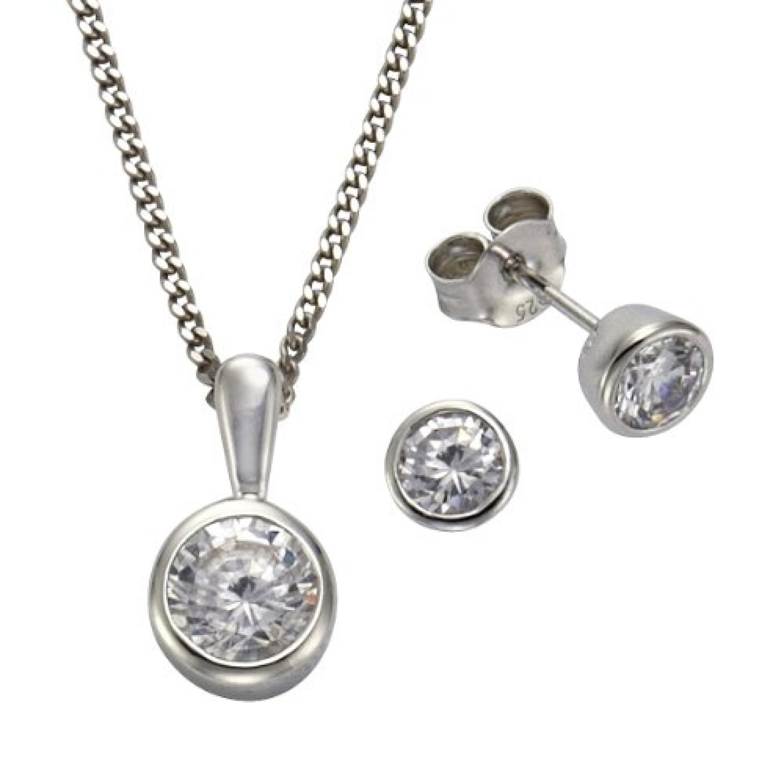 ZEEme Damen-Set: Halskette + Ohrringe 925 Sterling Silber Zirkonia weiß 45cm 500201385-1 