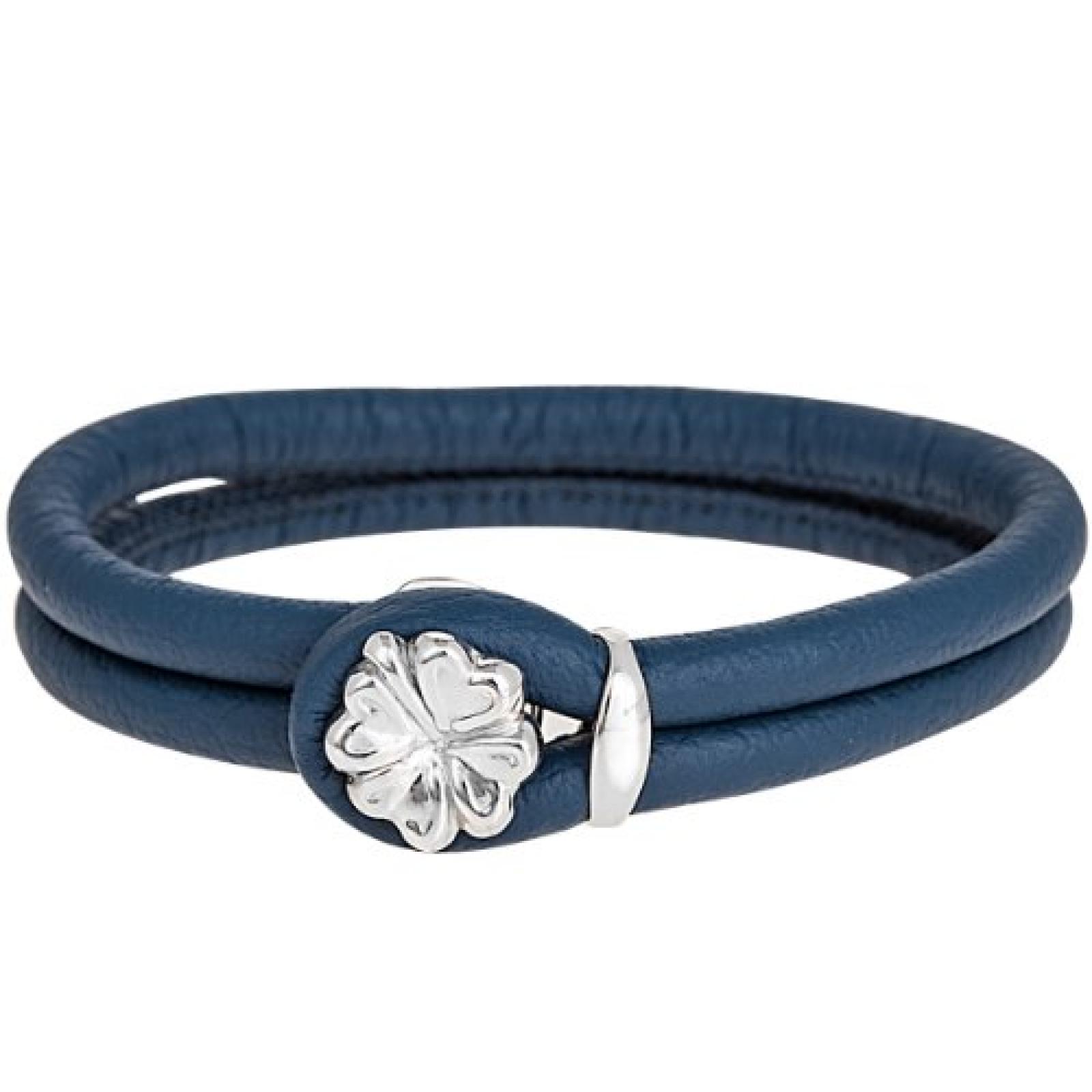 Bella Donna Damen-Lederarmband blau 925 Sterlingsilber 1 Kleeblatt 74100009 