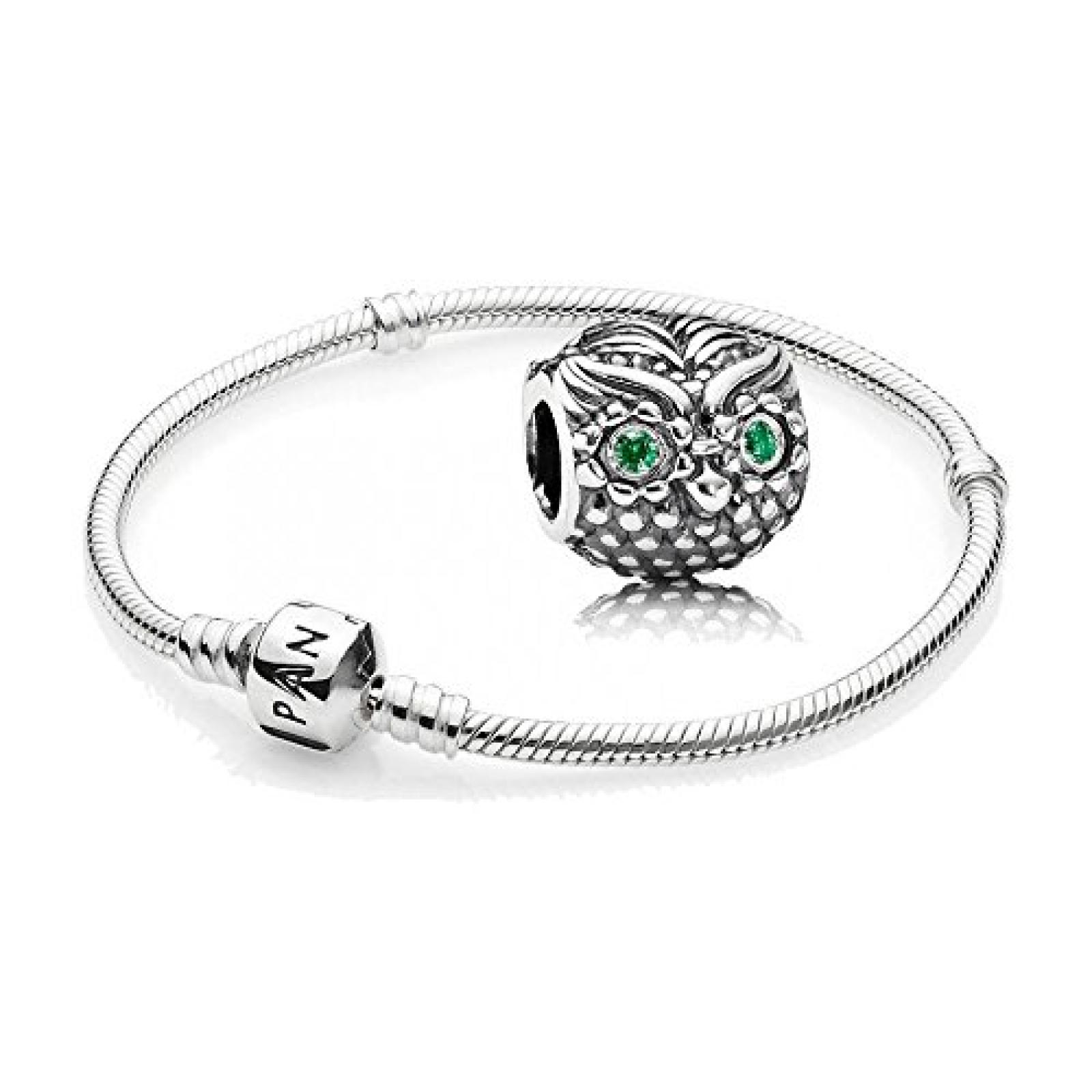 Original Pandora Geschenkset - 1 Silber Armband 590702HV und 1 Silber Element Weise Eule mit grünem Zirkonia 791211CZN 