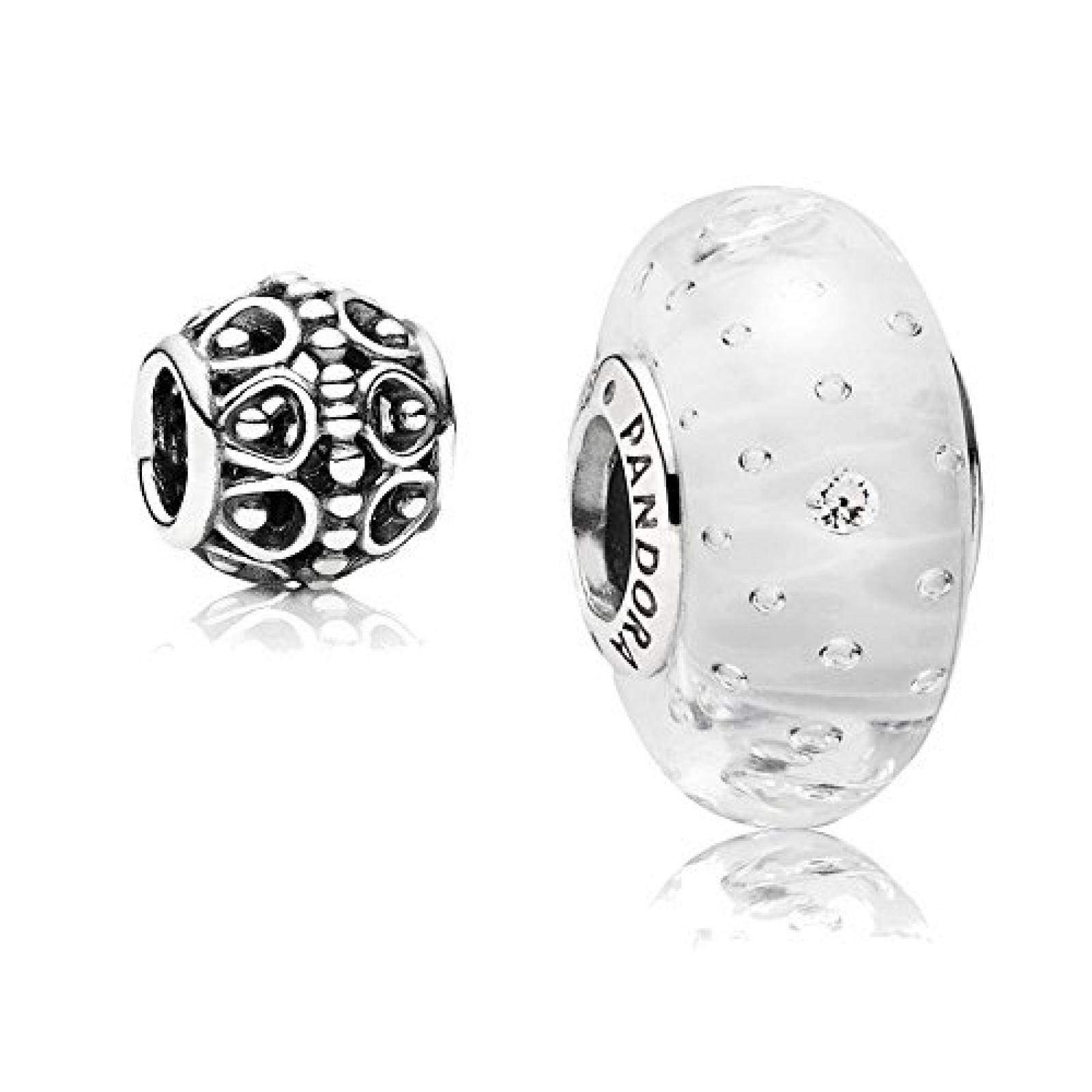 Original Pandora Geschenkset - 1 Silber Muranoglas Element Glitzer-Glas Wei&szlig; mit klarem Zirkonia 791617CZ und 1 Filigranes Silber Element Schmuckkorb 790458 